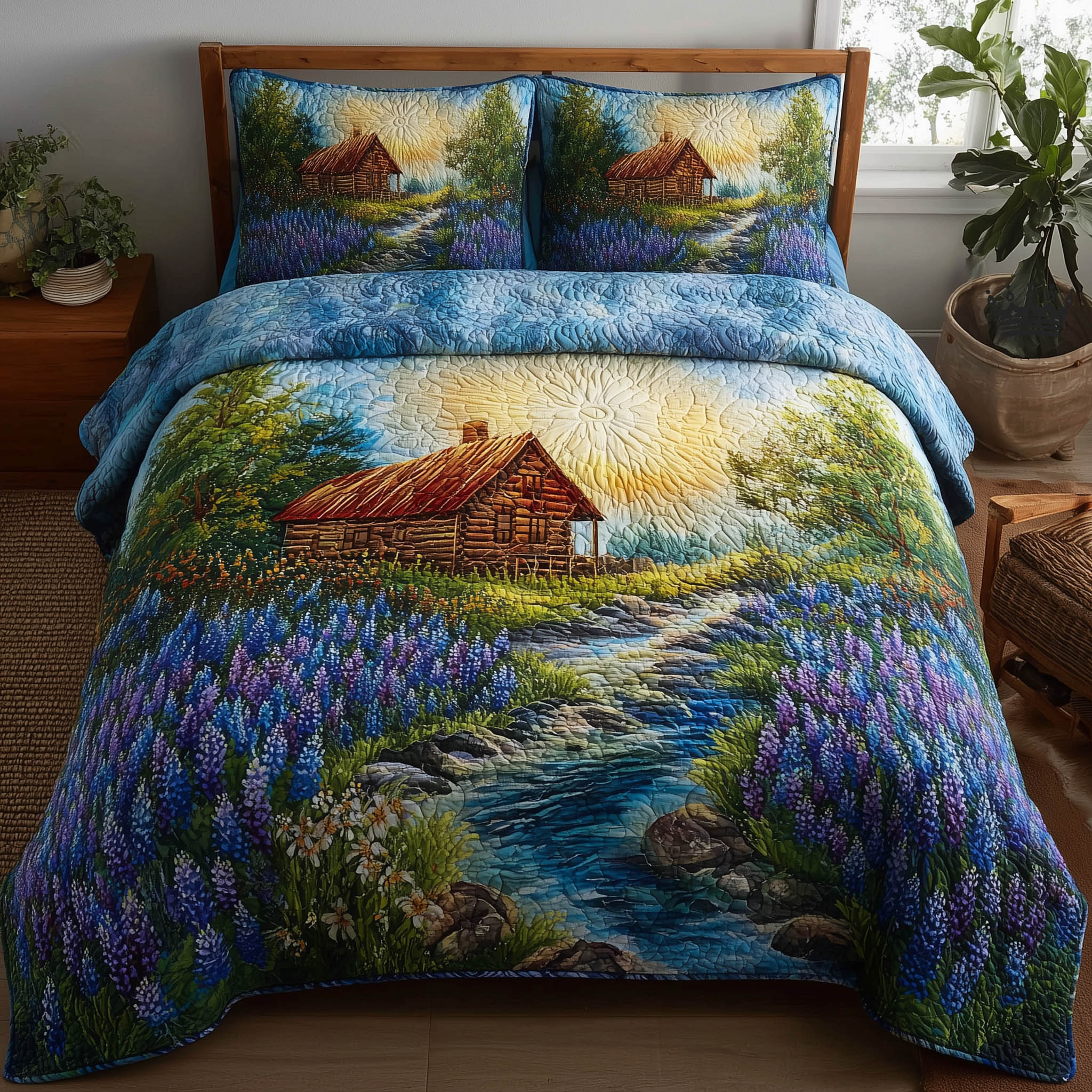Meadow Cabin Quilted Bedding Set Holiday Home Decor Ideas White Cabin Gift For Family - Tradiviet