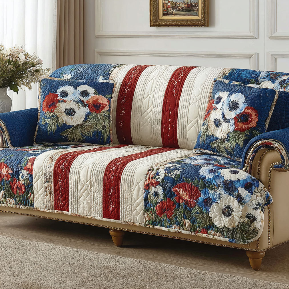 Meadow Charm Quilted Sofa Cover Farmhouse Flower Pattern Gift For Her