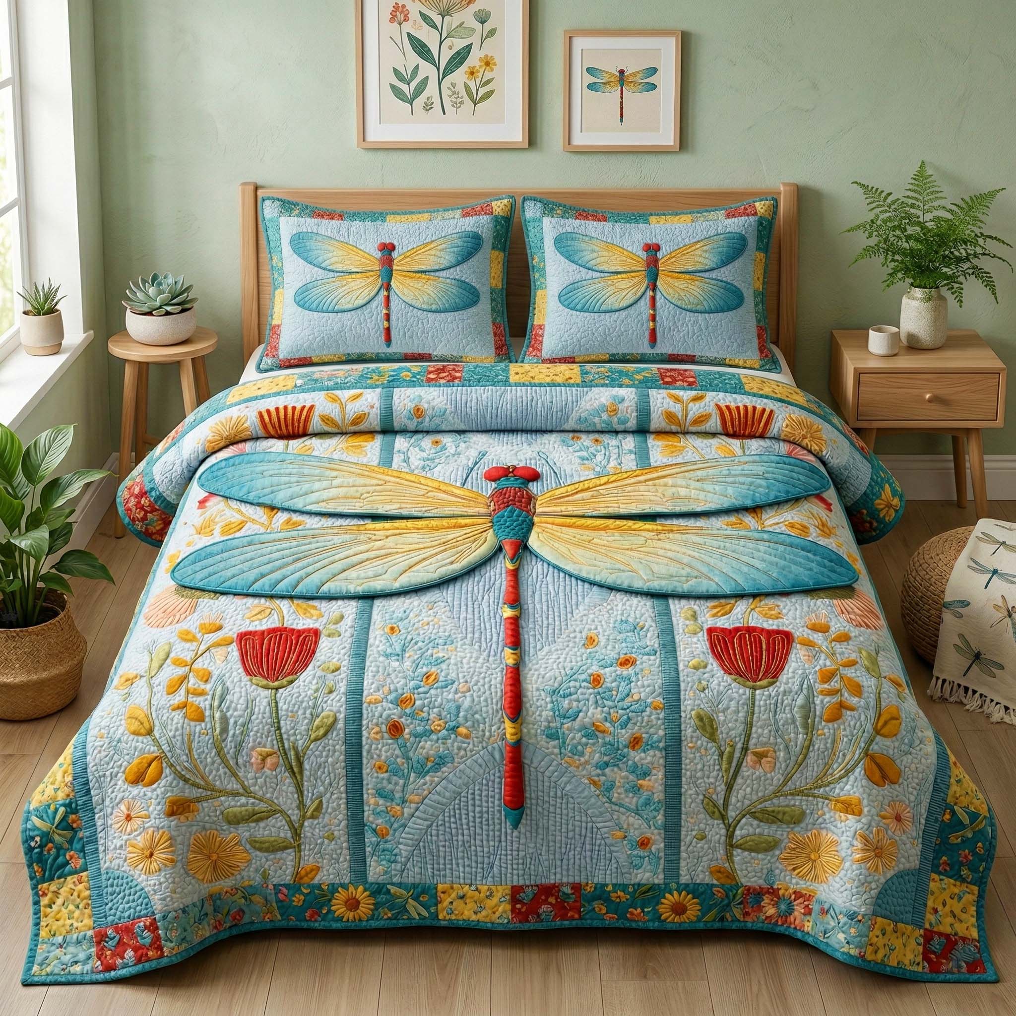 Meadow Dragonfly Quilted Bedding Set Holiday Decorations Best Dragon Gifts - Tradiviet