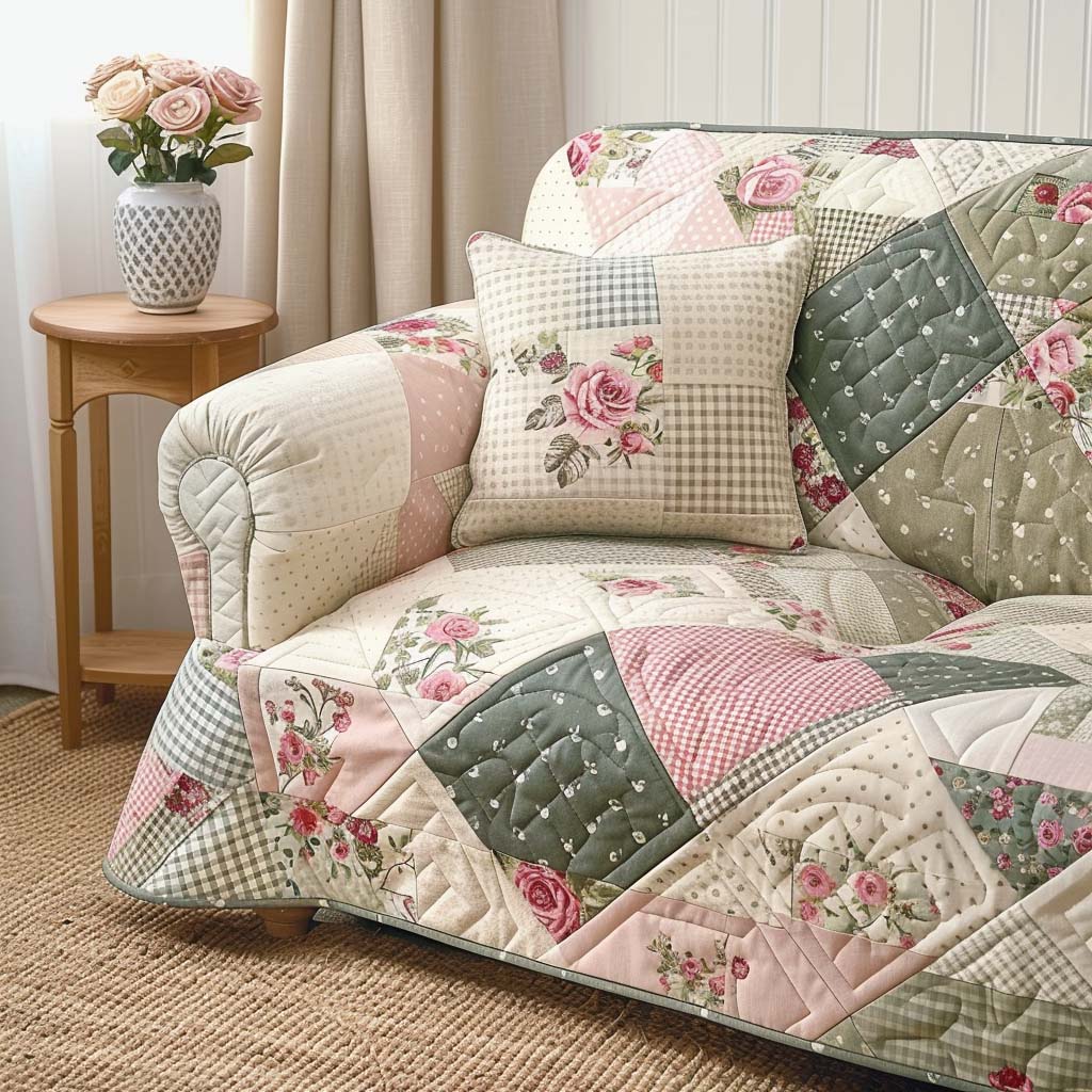 Meadow Mosaic Quilted Sofa Cover Artistic Floral Patchwork Design Gift For Her