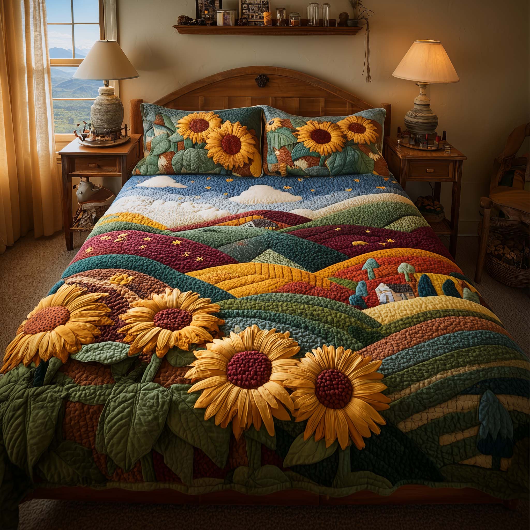 Meadow Sunflowers Quilted Bedding Set Autumn Inspired Bedroom Sunflower Gifts For Women - Tradiviet