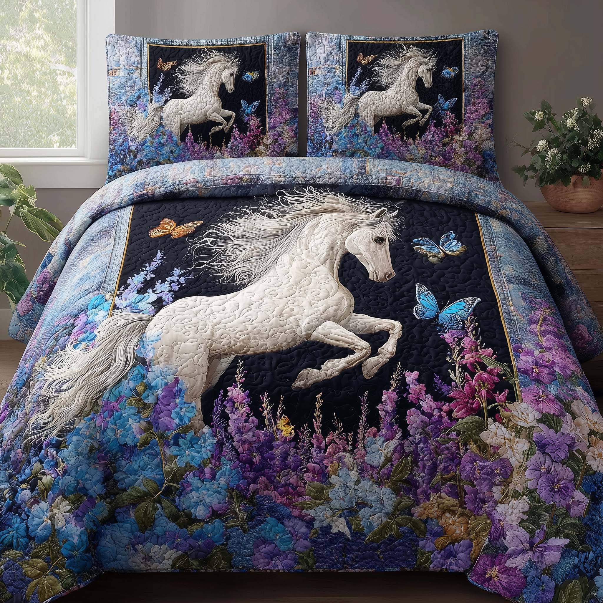 Midnight Bloom Horse Quilted Bedding Set Holiday Home Decor Gifts For Young Horse Riders - Tradiviet