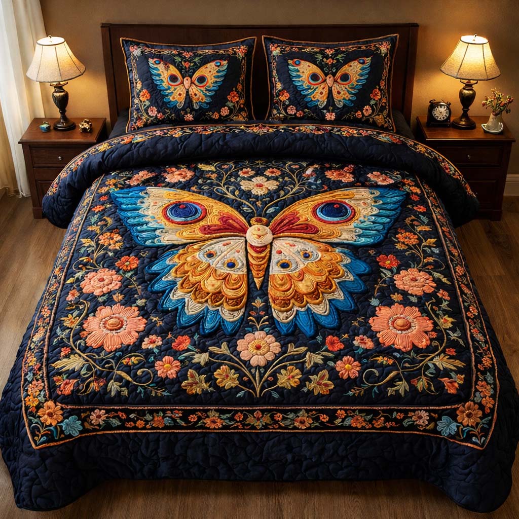 Midnight Butterfly Bloom Quilted Bedding Set Holiday Bedroom Decor Butterfly Christmas Presents - Tradiviet