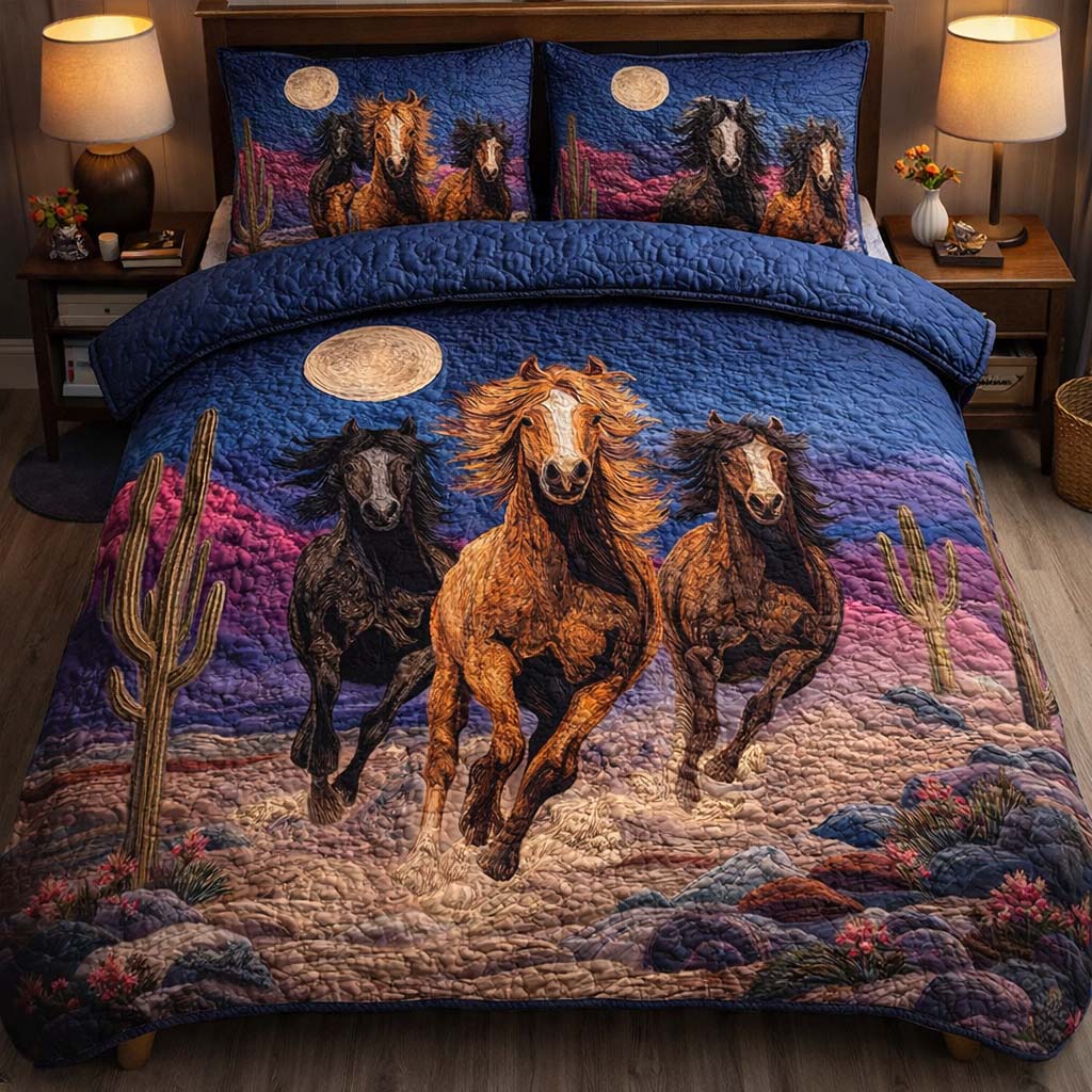 Midnight Desert Gallop Quilted Bedding Set Bedroom Decorations Gift For Equestrian Fans - Tradiviet