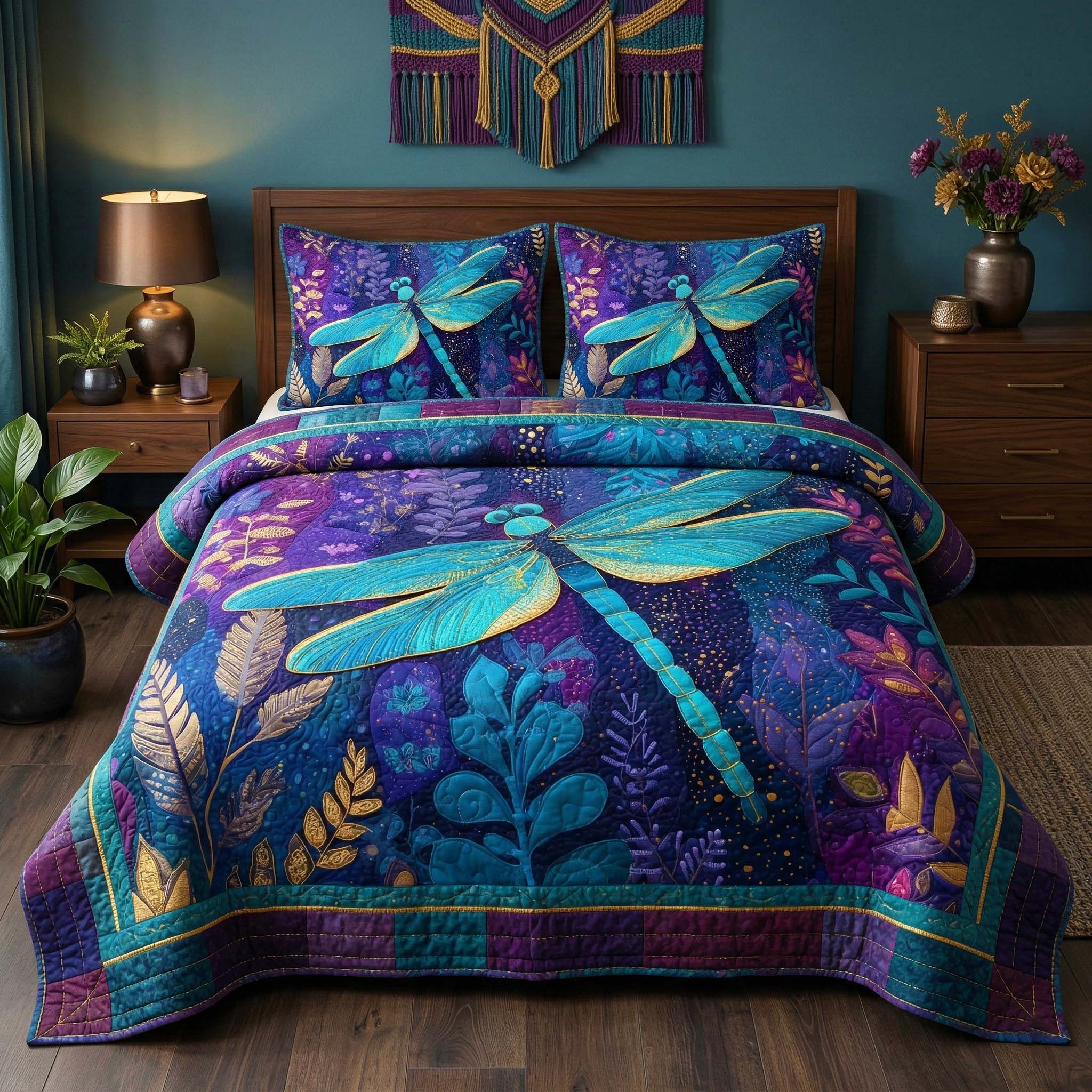 Midnight Dragonfly Quilted Bedding Set Holiday Home Decor Unique Dragon Gifts - Tradiviet