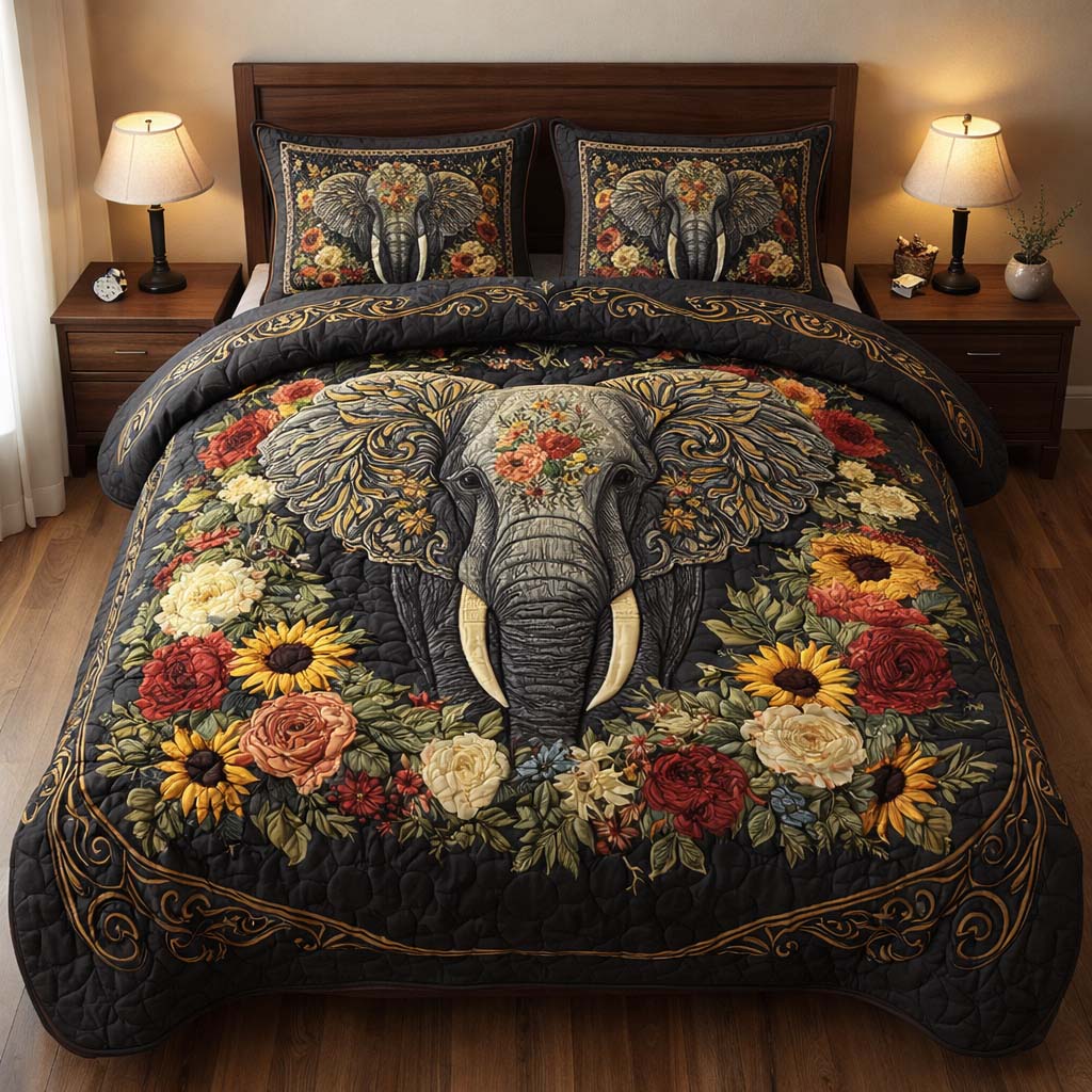 Midnight Floral Elephant Quilted Bedding Set Autumn Inspired Bedroom Gifts For Flower Enthusiasts - Tradiviet