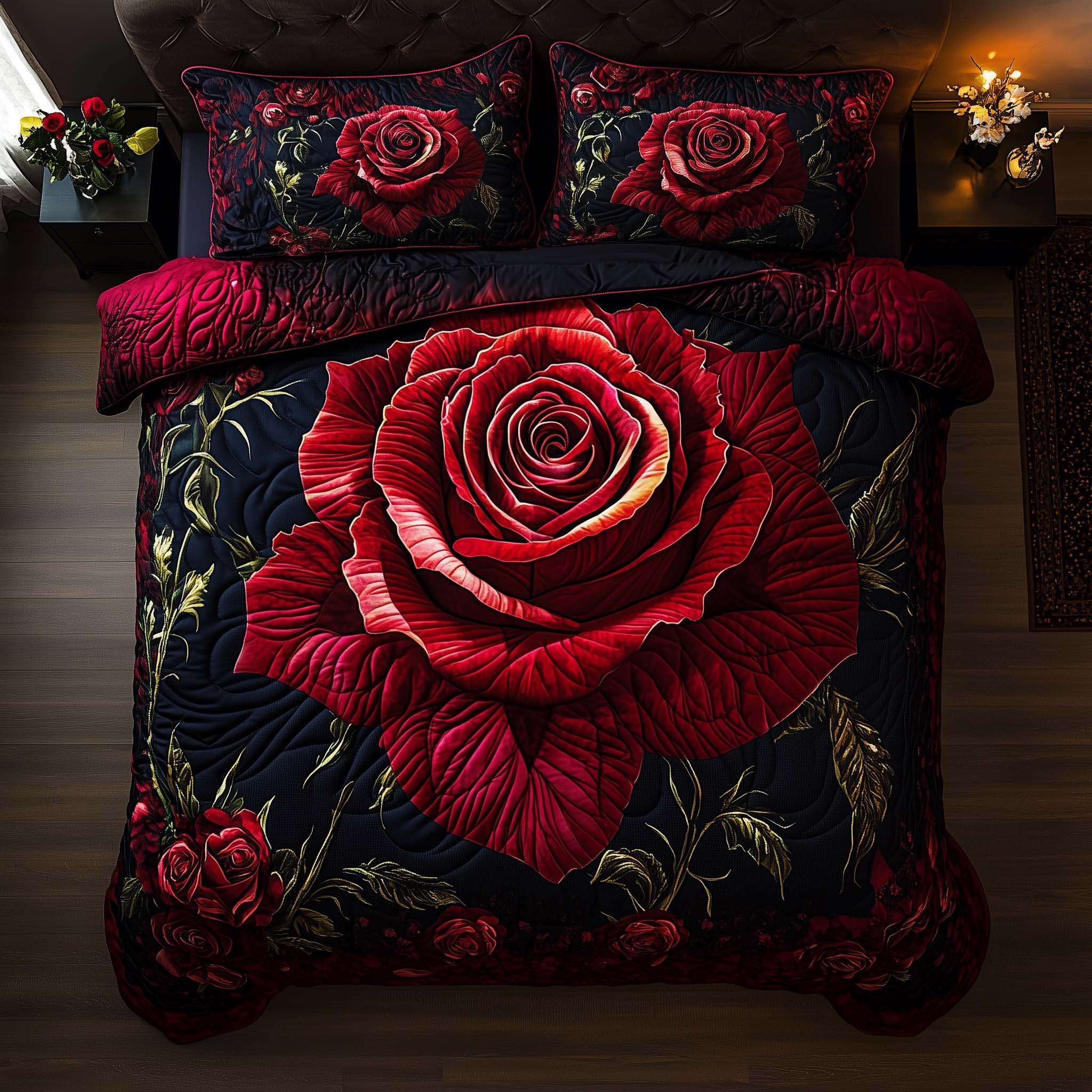 Midnight Rose Quilted Bedding Set Holiday Decorations Flower Rose Gift Ideas - Tradiviet
