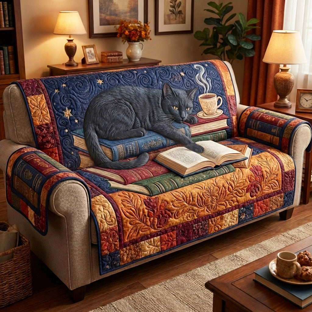 Midnight Scholar Quilted Sofa Cover Library Cat Couch Protector Gift for Book Lovers