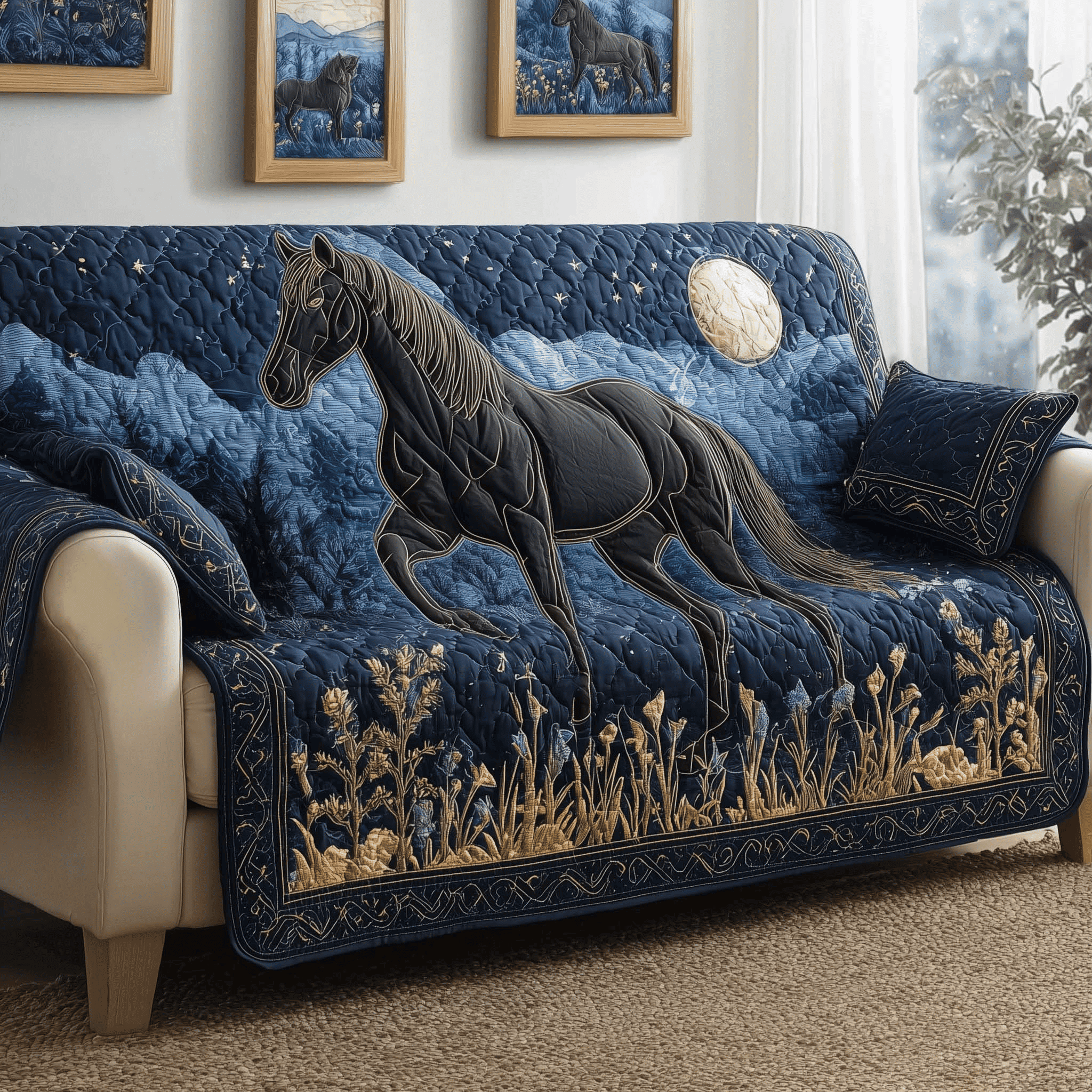 Midnight Stallion Quilted Sofa Cover Home Decor For Horses Lovers
