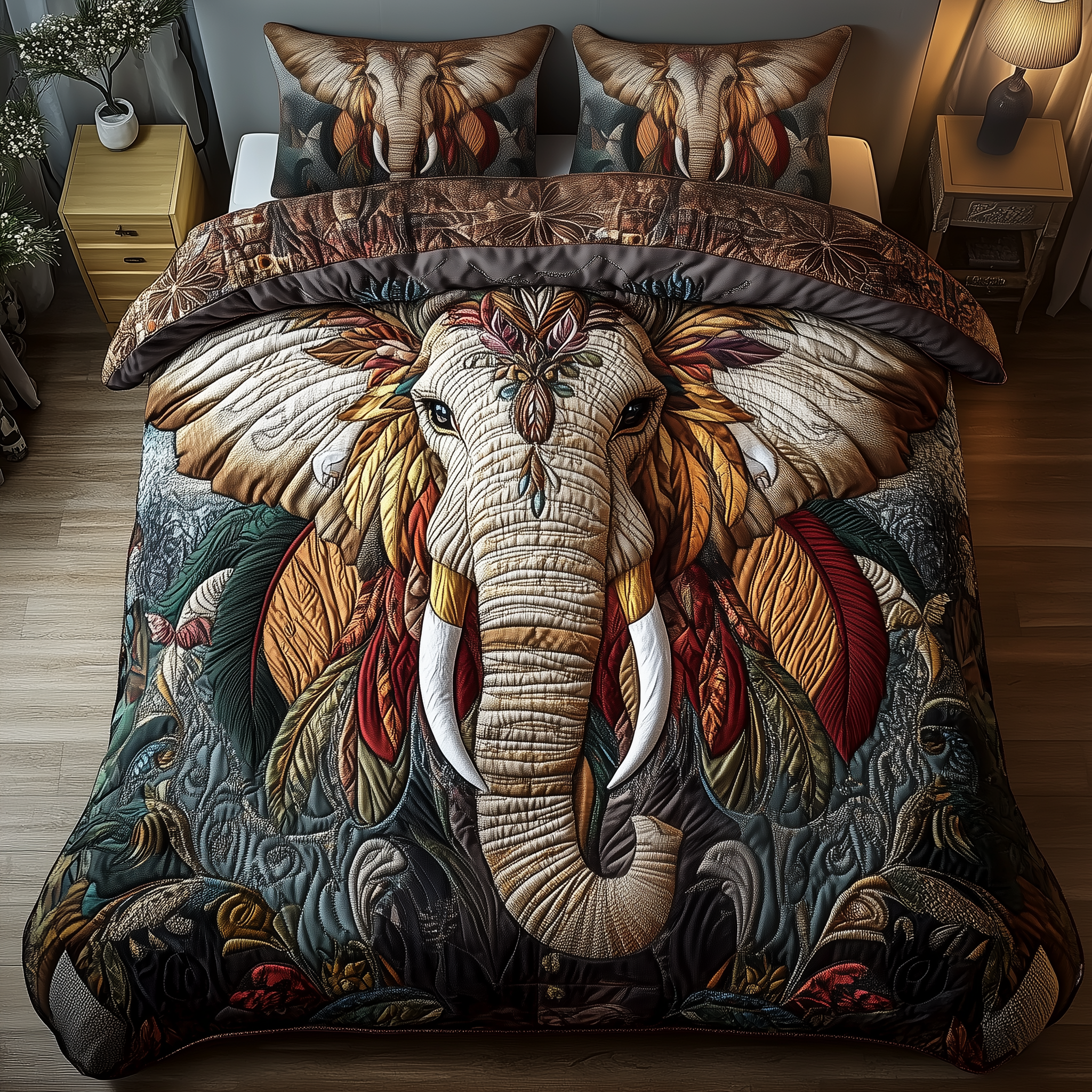Mighty Elephant Quilted Bedding Set Mens Bedroom Decor Best Elephant Gifts Women - Tradiviet