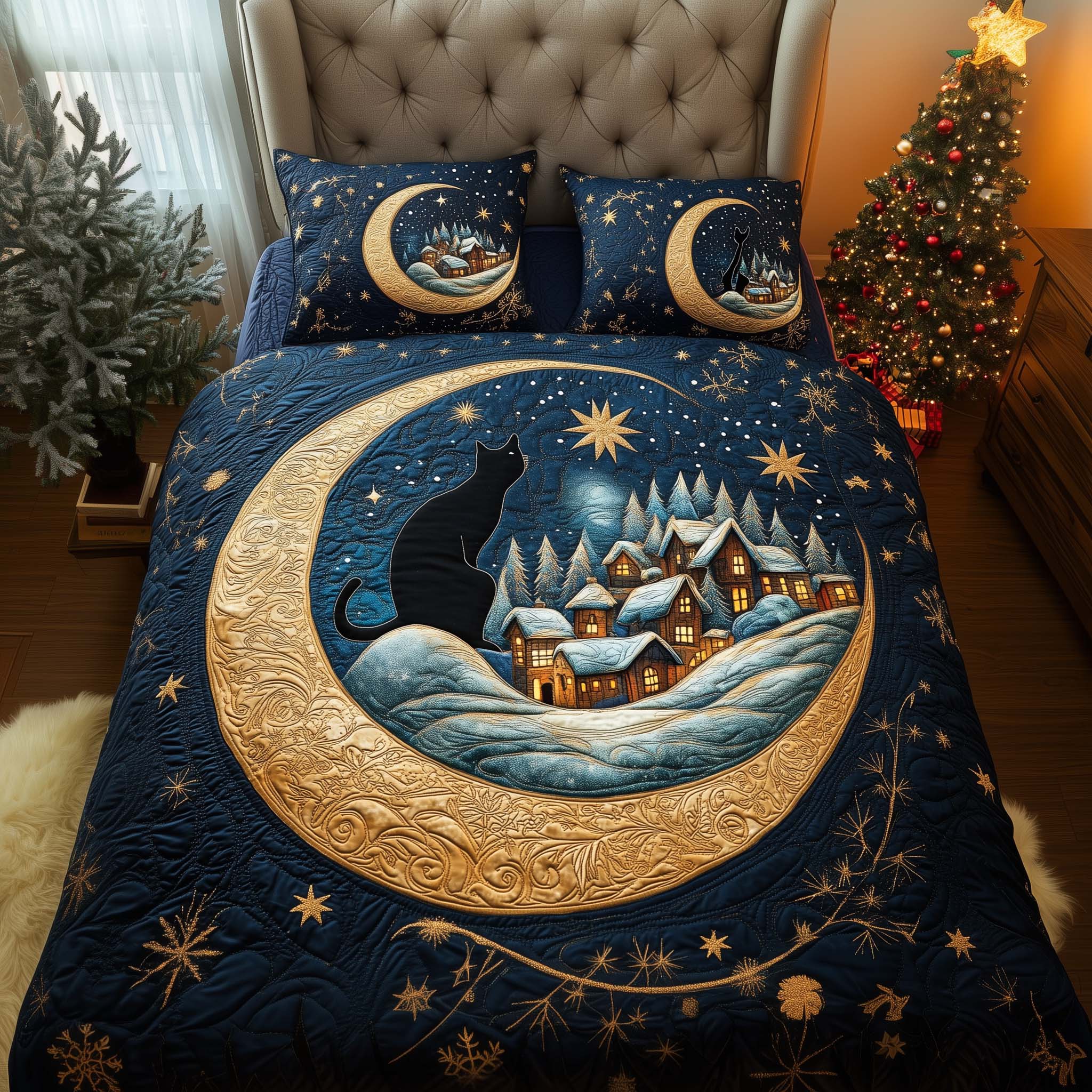 Moon Village Quilted Bedding Set Bedroom Decorations Gift For Fantasy Lovers - Tradiviet
