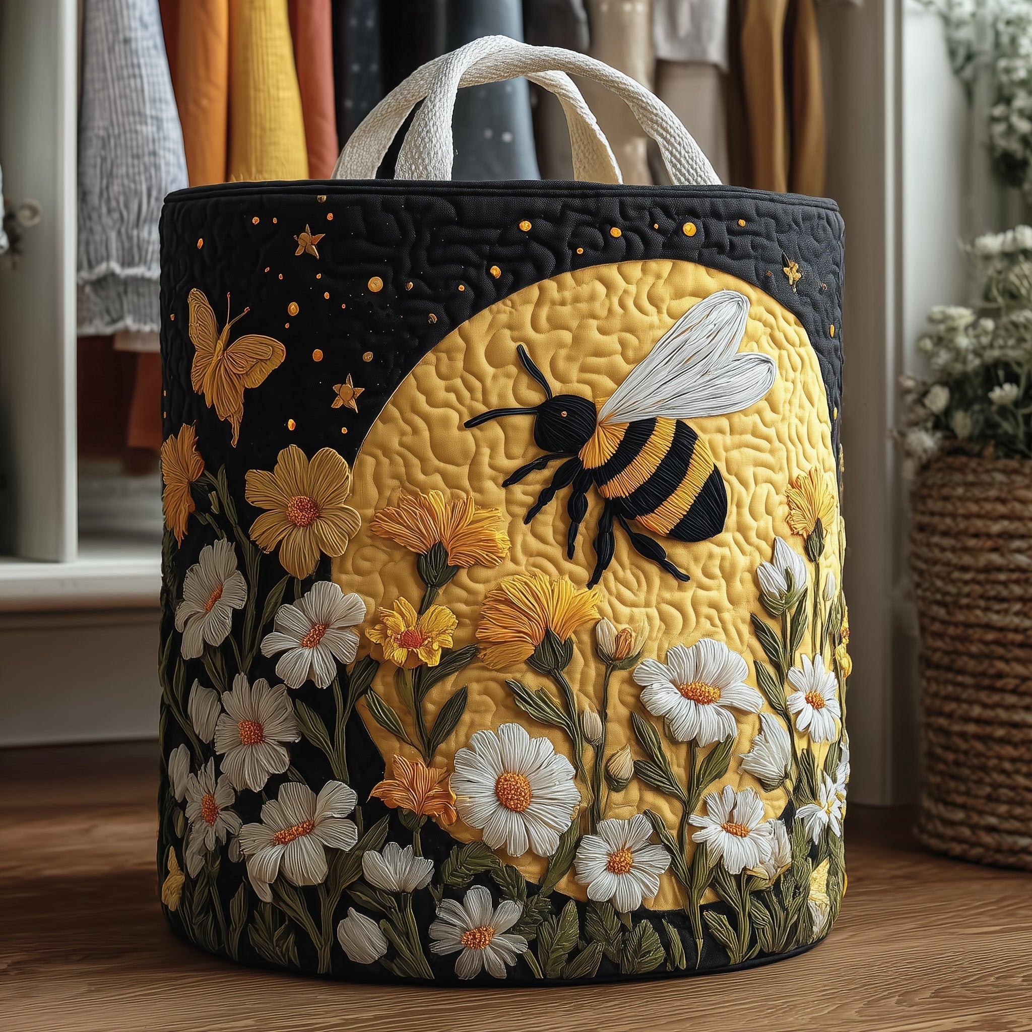 Moonlit Bee Quilted Laundry Basket Cute Storage Baskets Presents For Sister - Tradiviet