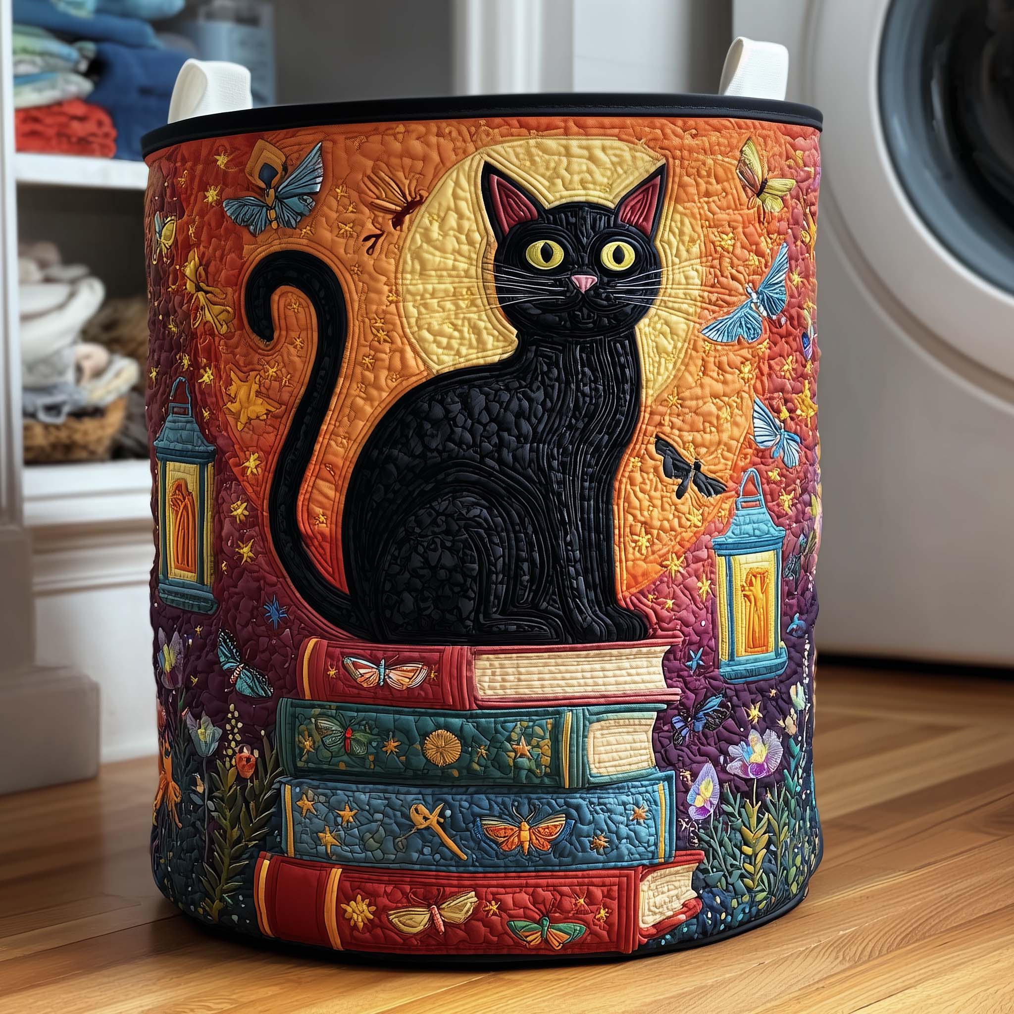 Moonlit Cat Quilted Laundry Basket Holiday Room Decor Gift For Wife - Tradiviet
