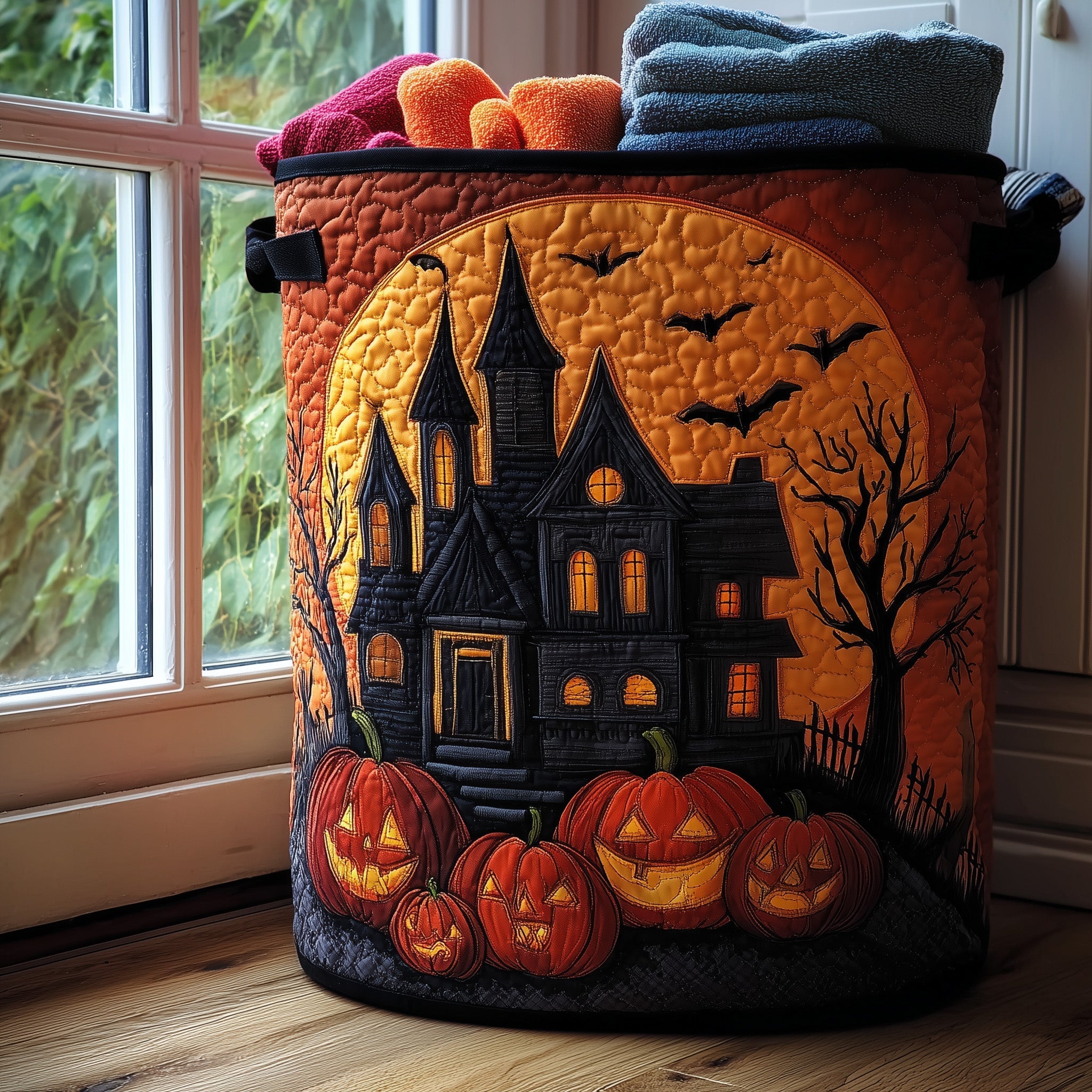 Moonlit Haunted House Quilted Laundry Basket Aesthetic Storage Baskets Presents For Sister - Tradiviet