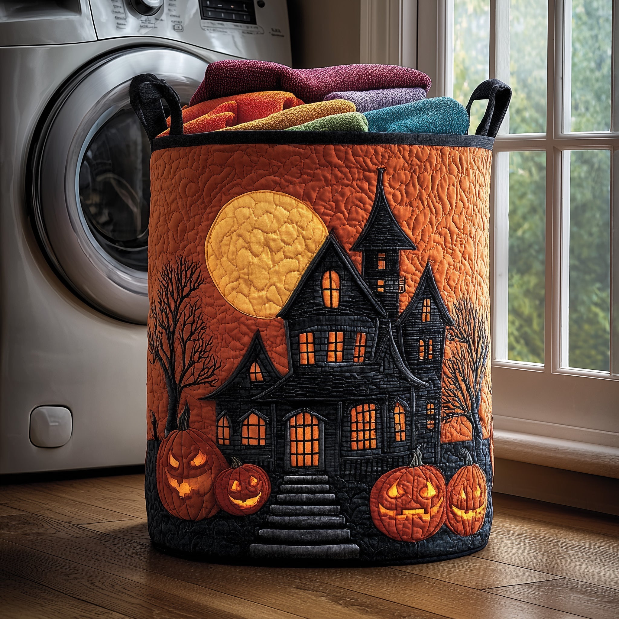 Moonlit Haunted House Quilted Laundry Basket Best Laundry Hamper Gift For Wife - Tradiviet