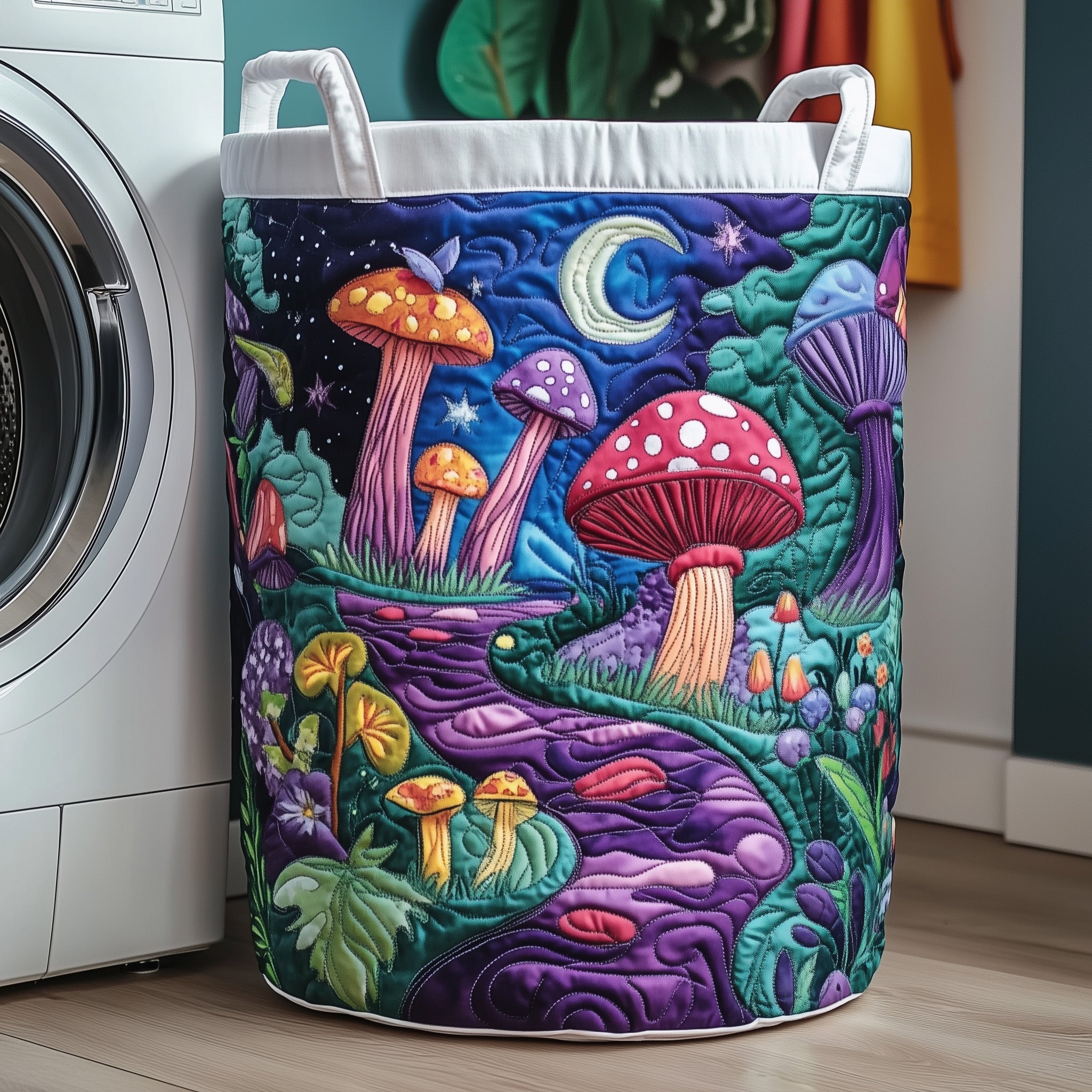 Moonlit Toadstool Quilted Laundry Basket Holiday Room Decor Gift For Grandma - Tradiviet