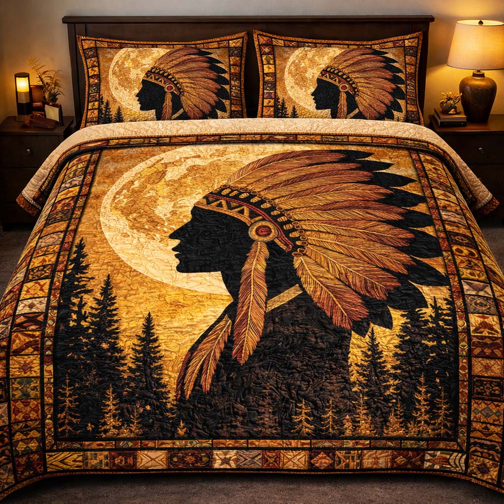 Moonlit Tribal Chief Quilted Bedding Set Bedroom Decorations Gift For Cultural Enthusiasts - Tradiviet