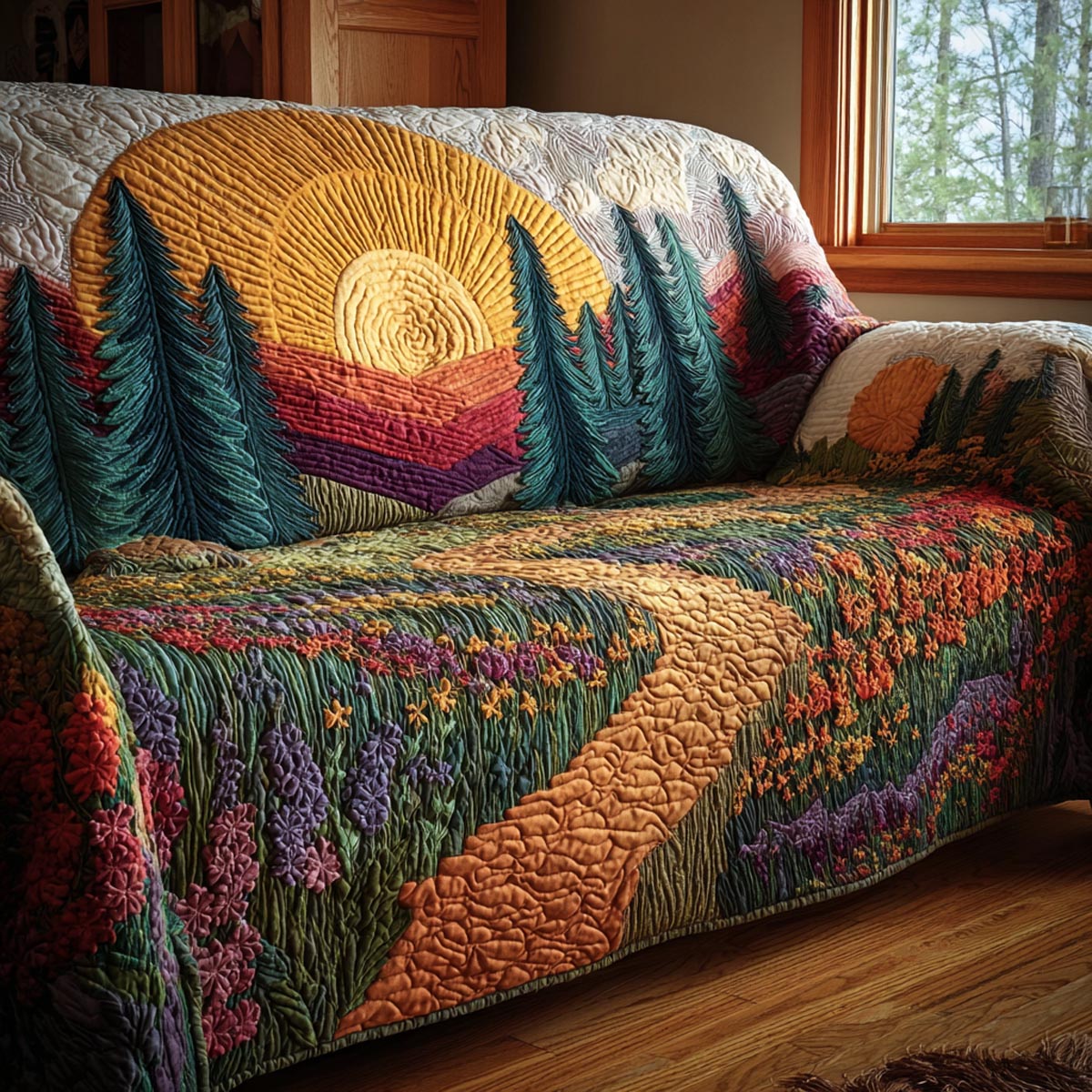 Mossy Trail Quilted Sofa Cover Forest Trail Pattern Rustic Decor