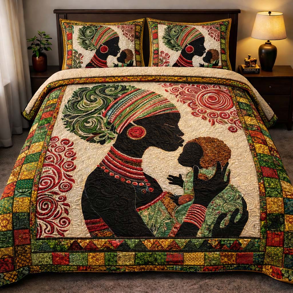 Motherhood Tribal Bond Quilted Bedding Set Mens Bedroom Decor Gift For Family Lovers - Tradiviet