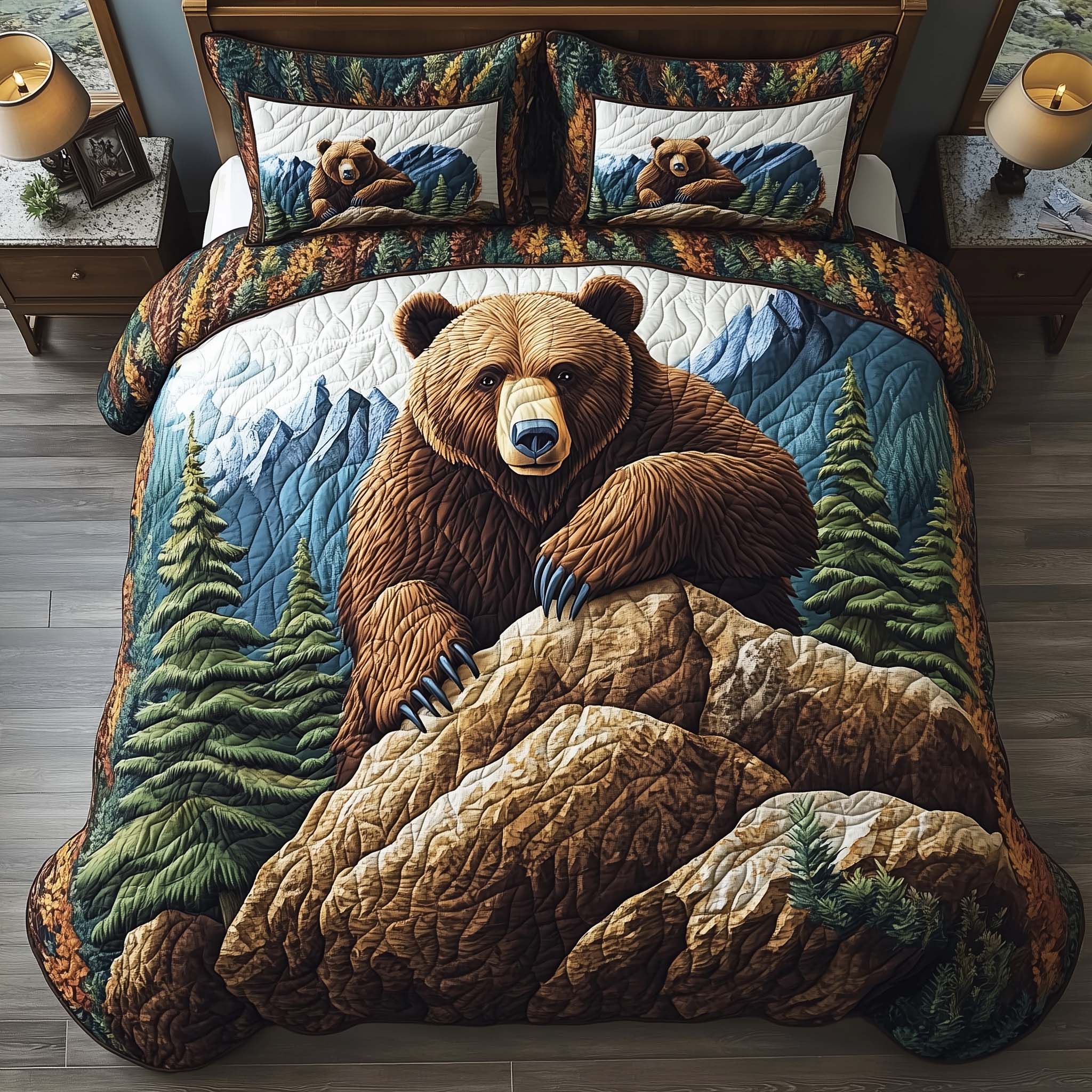Mountain Bear Quilted Bedding Set Holiday Home Decor Ideas Cute Bear Themed Gifts - Tradiviet