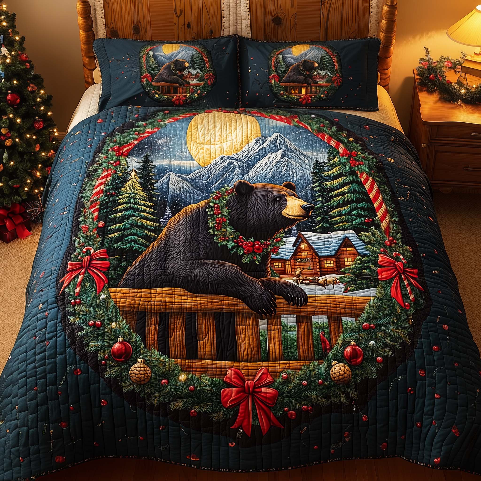 Mountain Bear Quilted Bedding Set Holiday House Decorations Cute Bear Themed Presents - Tradiviet