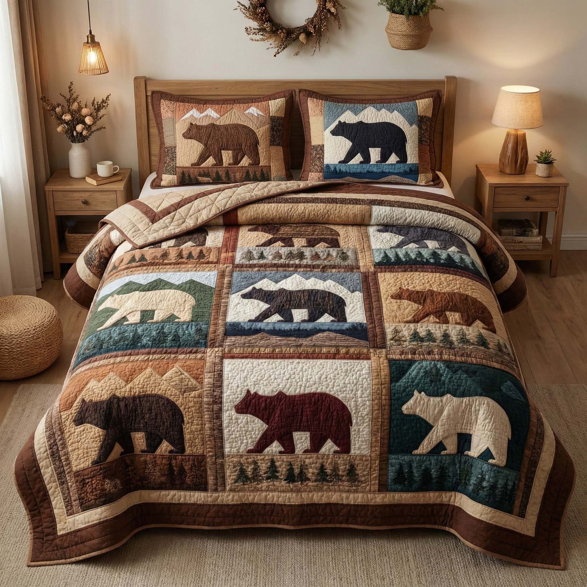 Mountain Bears Quilted Bedding Set Bohemian Bedroom Furniture Mountain Gift For Outdoor Enthusiasts - Tradiviet