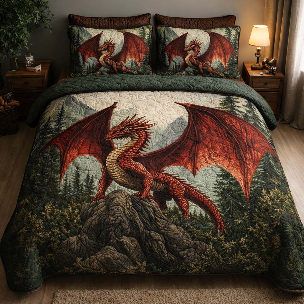 Mountain Fire Dragon Quilted Bedding Set Holiday Home Decor Unusual Dragon Gifts - Tradiviet