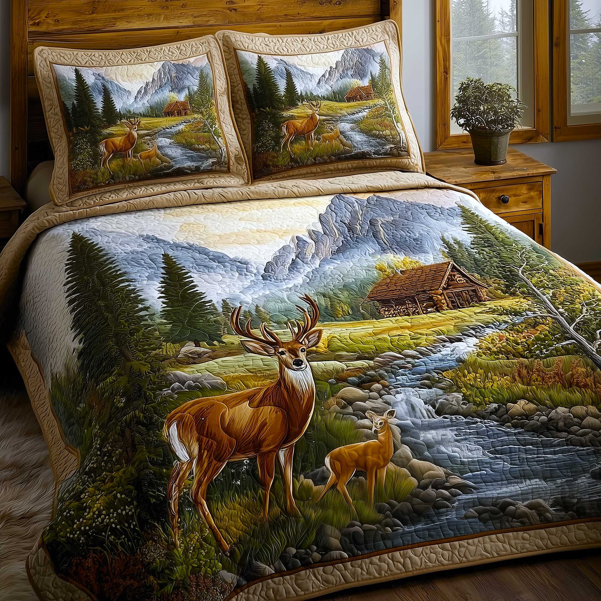Mountain Serenity Quilted Bedding Set Holiday Bed Room Decor Mountain Gift For Him - Tradiviet
