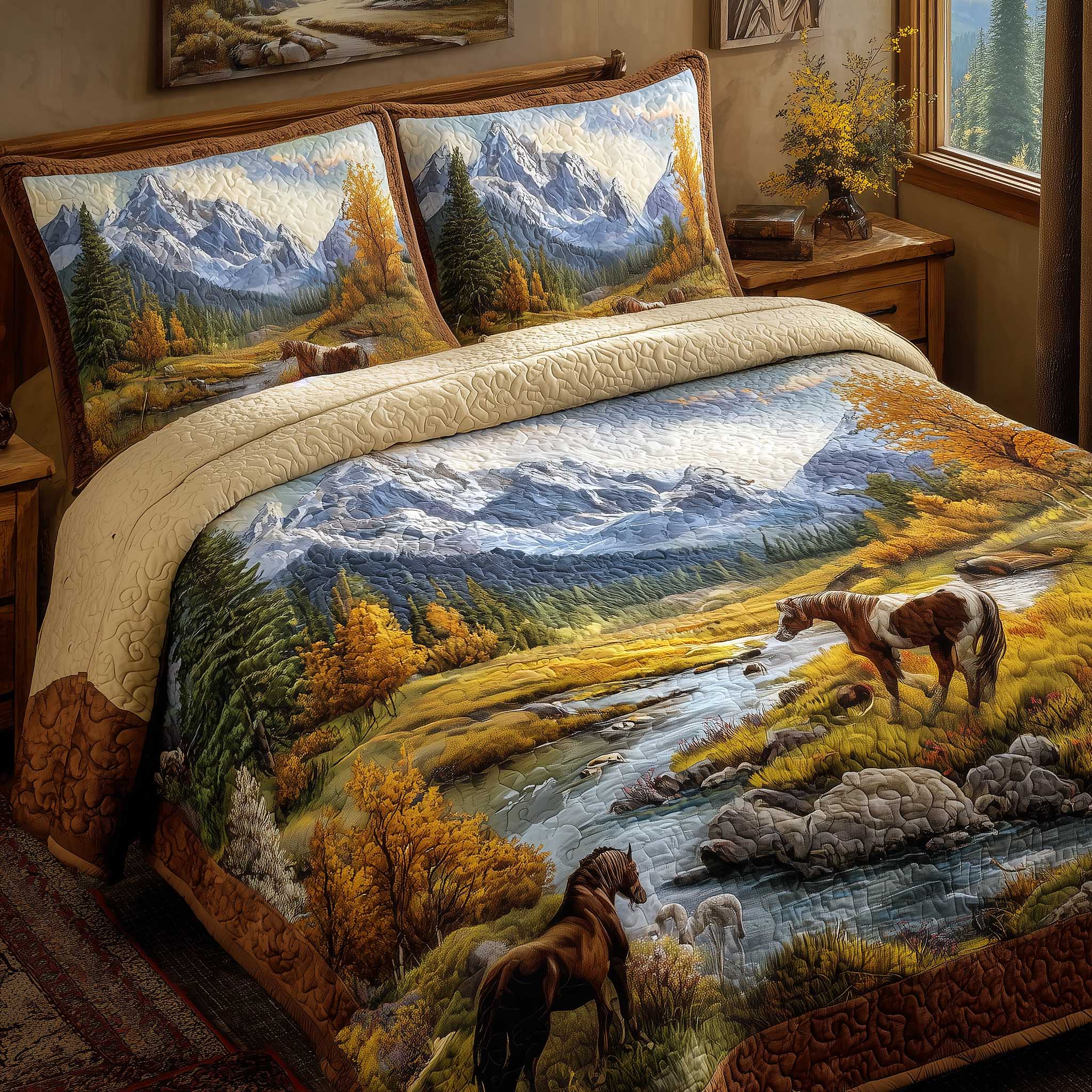 Mountain Serenity Quilted Bedding Set Holiday Decorations Mountain Gift For Family - Tradiviet
