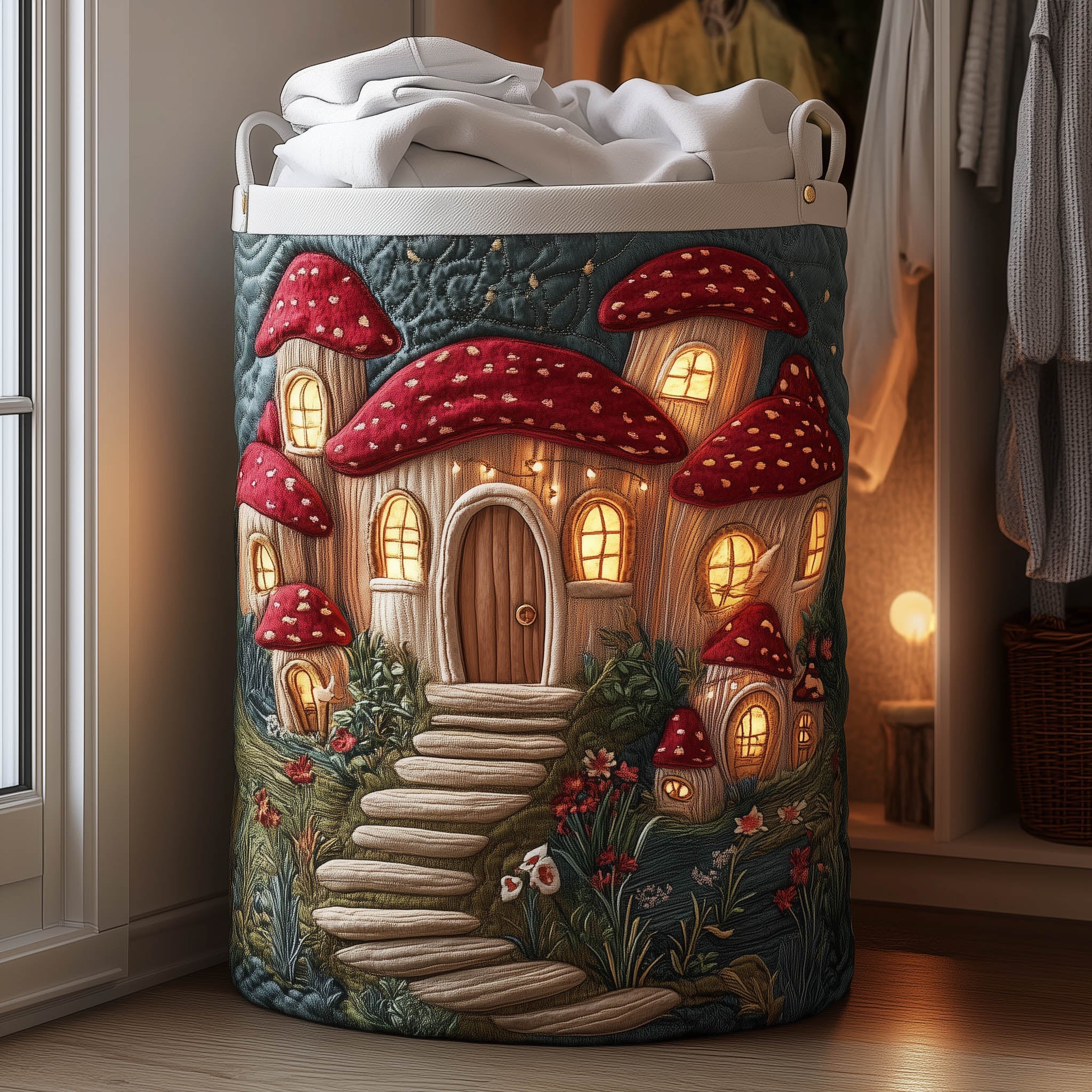 Mushroom Cottage Quilted Laundry Basket Nice Storage Baskets Gift For Grandma - Tradiviet