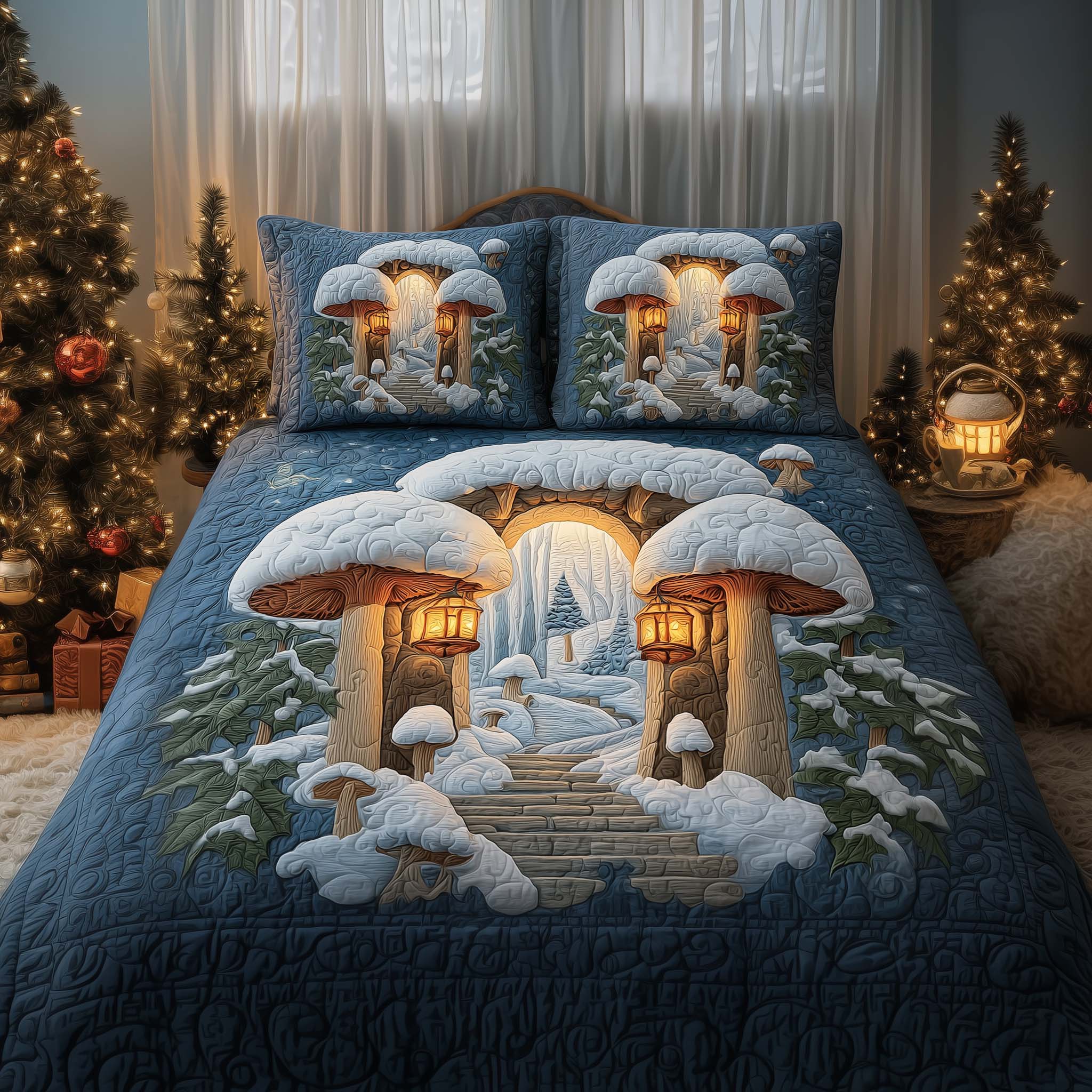 Mushroom Gate Quilted Bedding Set Mens Bedroom Decor Gift For Nature Enthusiasts - Tradiviet