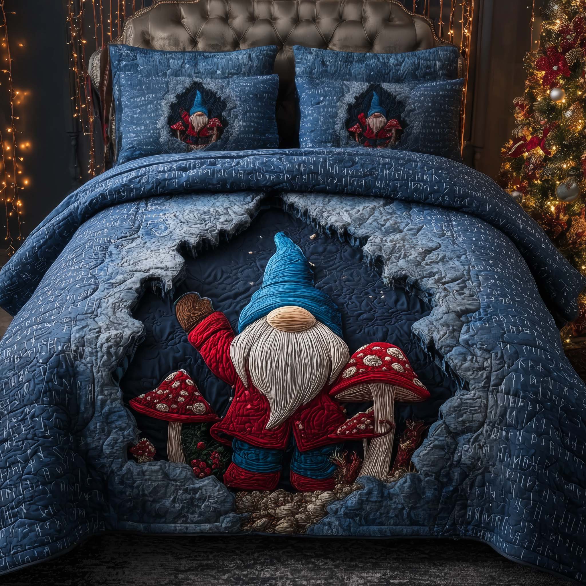 Mushroom Gnome Quilted Bedding Set Holiday Home Decor Ideas Gnome Presents - Tradiviet