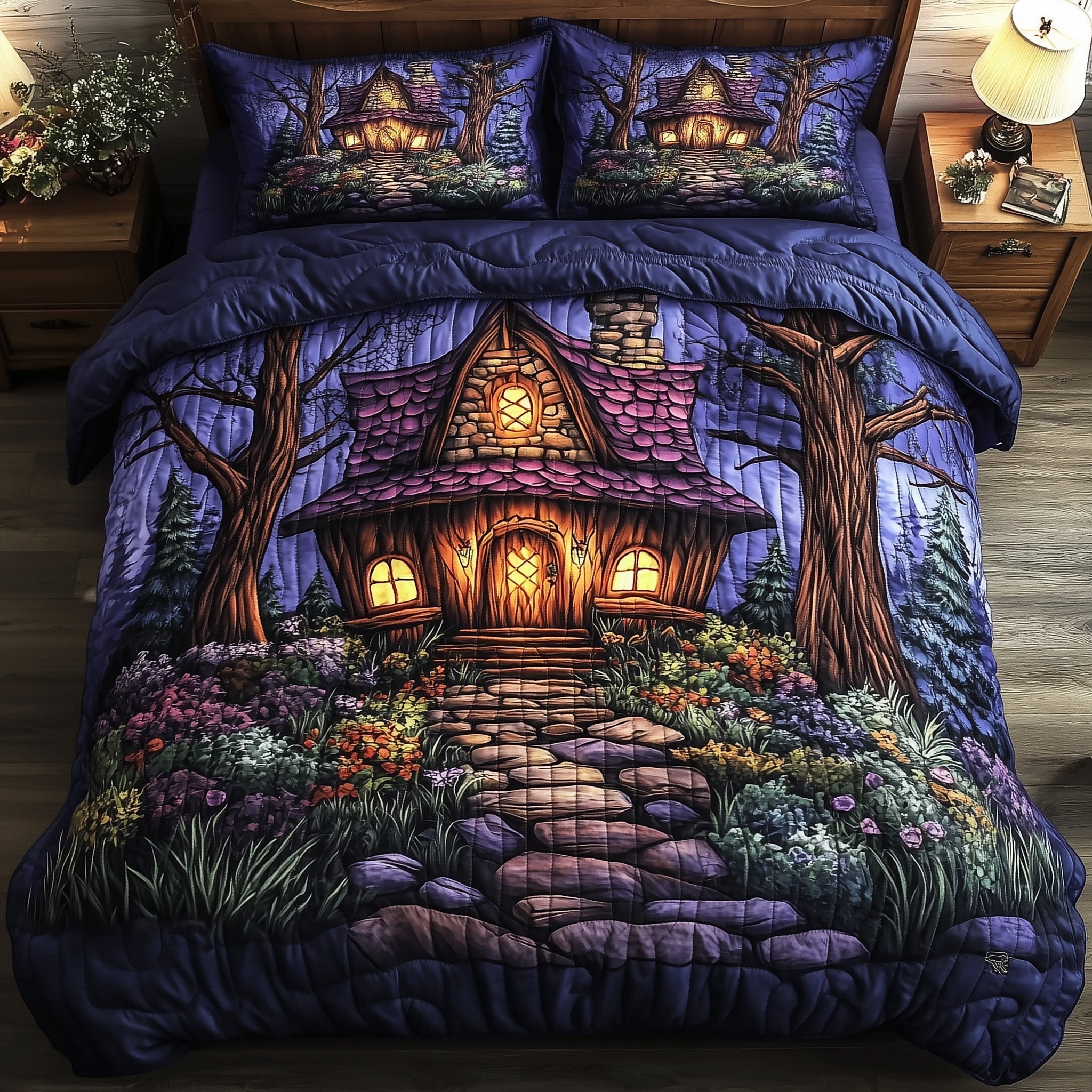 Mystic Forest Hut Quilted Bedding Set Holiday Bedroom Decor Gift For Nature Lovers - Tradiviet