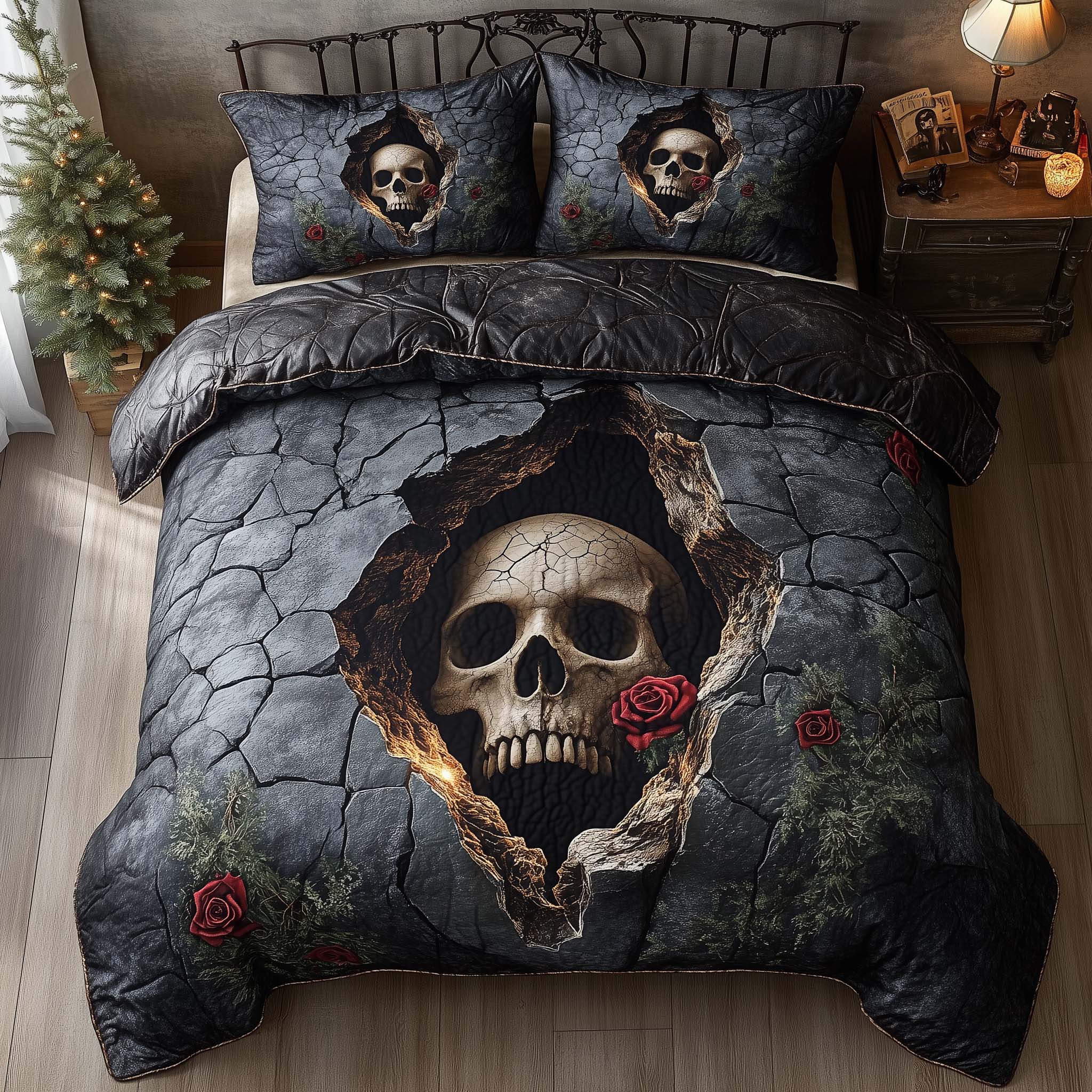 Mystique Solo Skull Quilted Bedding Set Bohemian Bedroom Furniture Gifts For Skull Lovers - Tradiviet