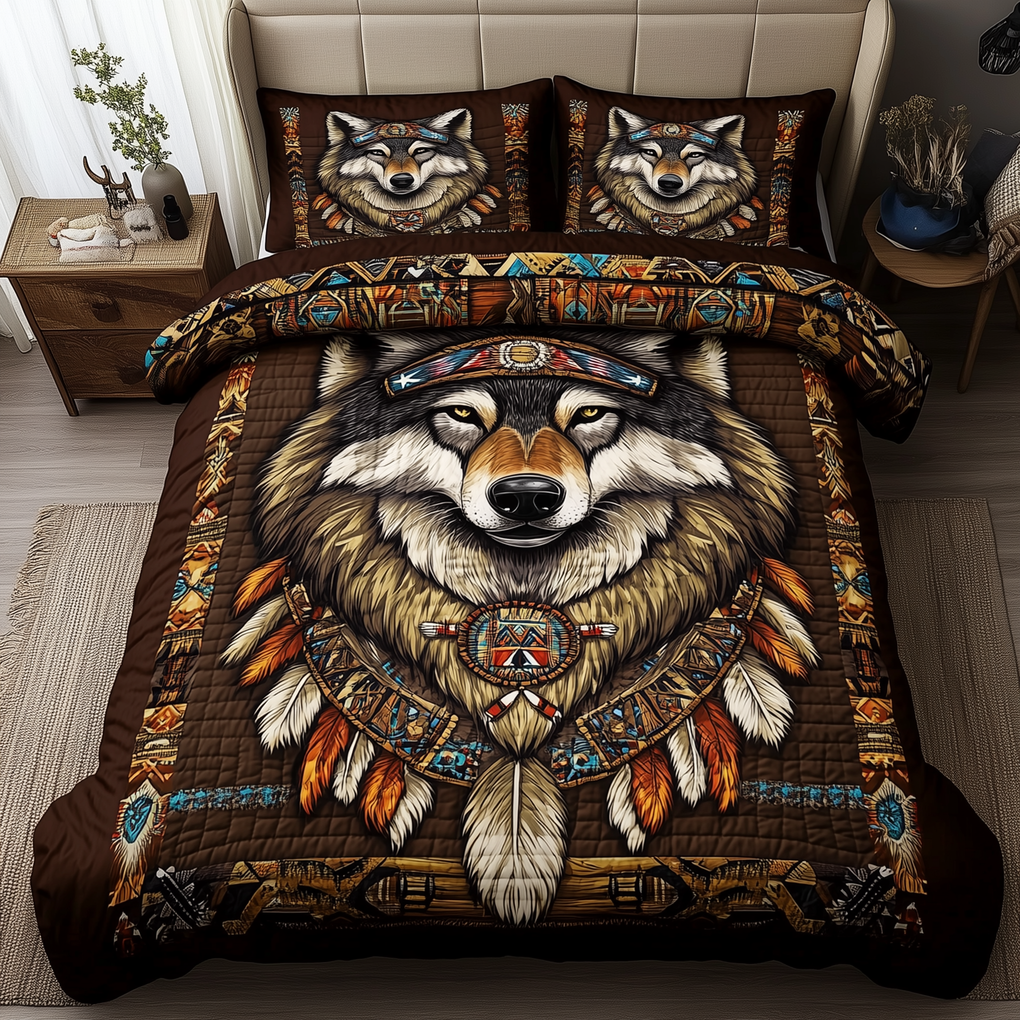 Native American Wolf Quilted Bedding Set Bedroom Decorations Birthday Gifts For Wolf Lovers - Tradiviet