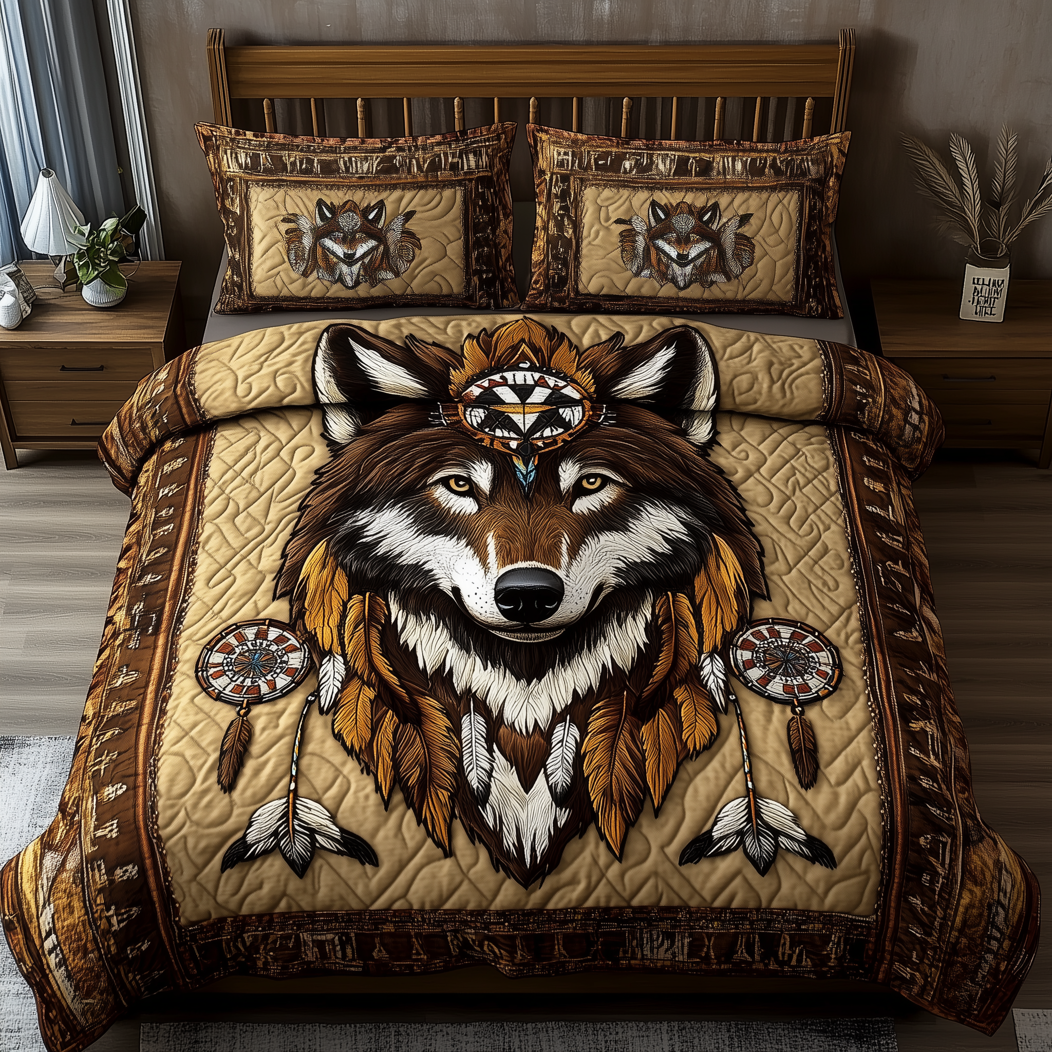 Native American Wolf Quilted Bedding Set Holiday Home Decor Gift For Brothers - Tradiviet