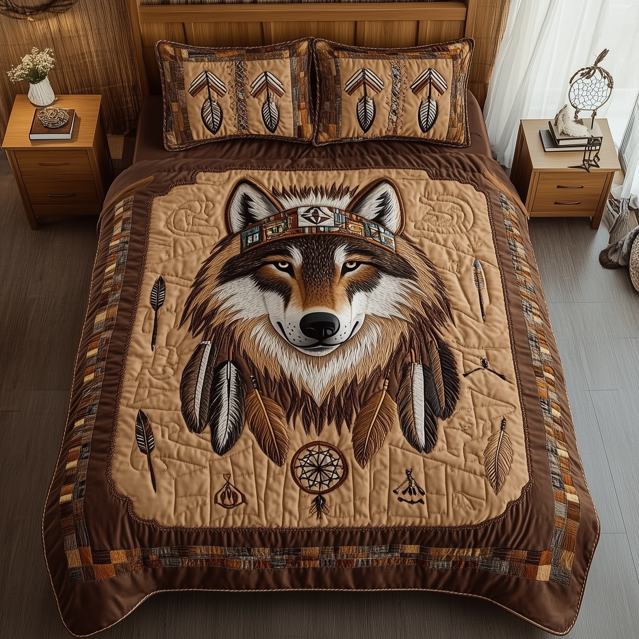Native American Wolf Quilted Bedding Set Holiday Home Decor Gift Ideas For Men - Tradiviet