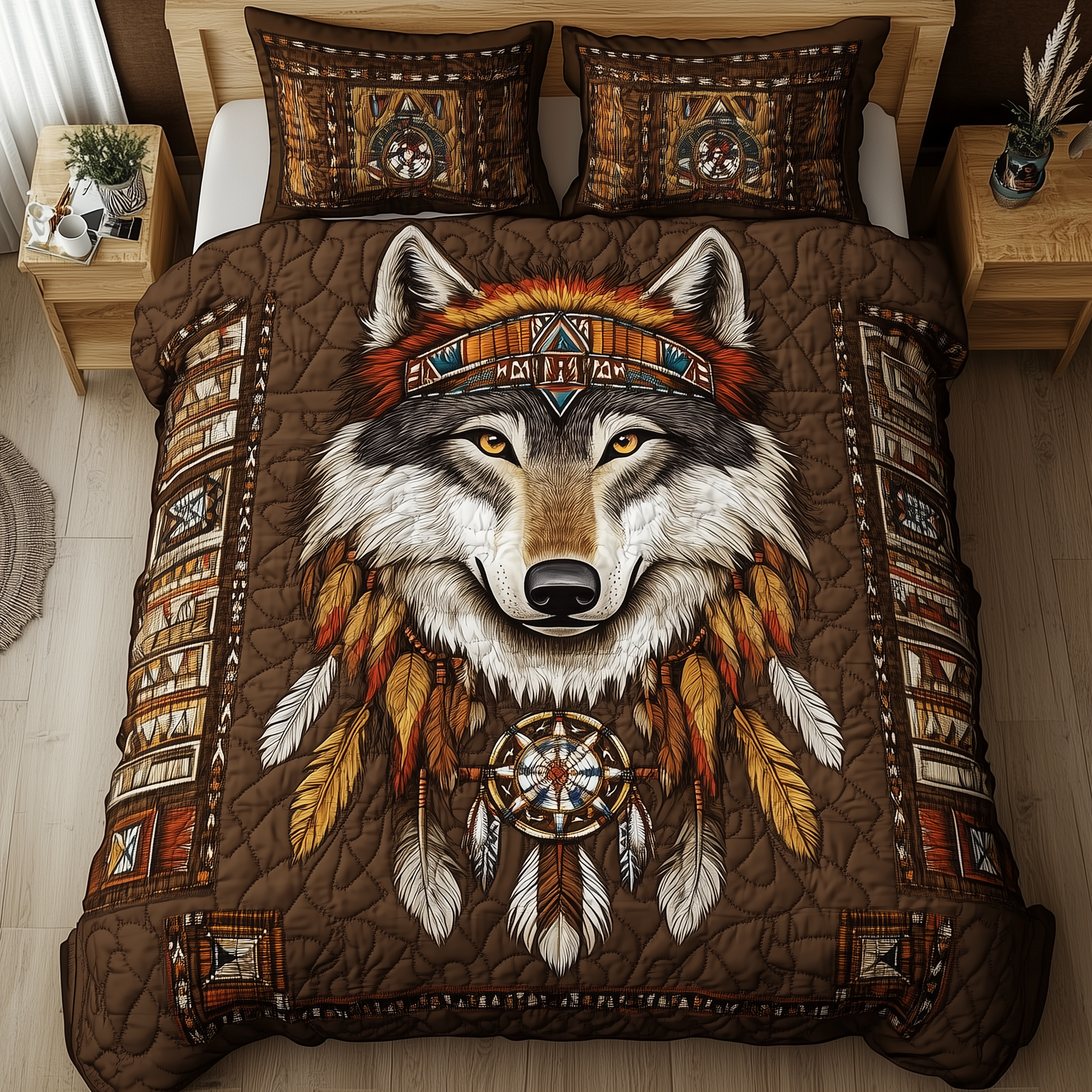 Native American Wolf Quilted Bedding Set Holiday Home Decor Present For Wolf Lover - Tradiviet