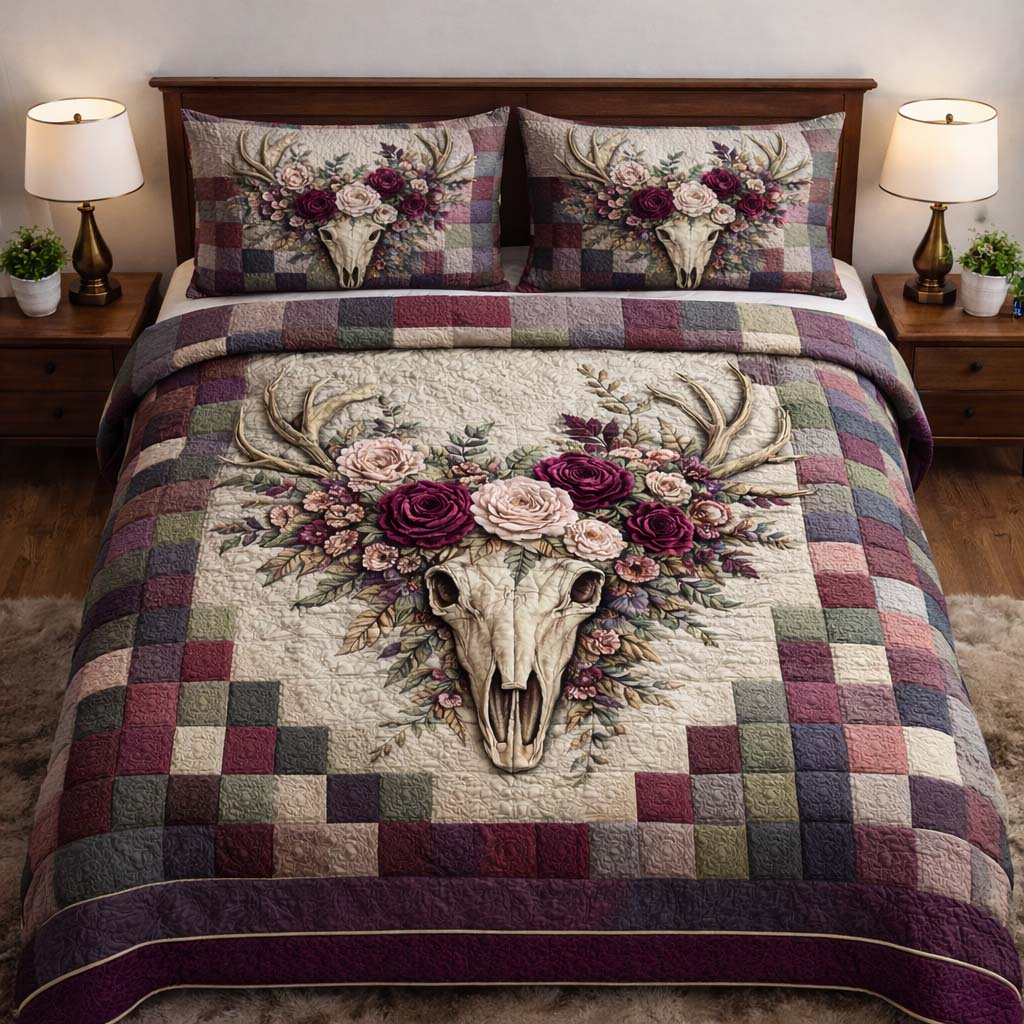 Nature Antlers Quilted Bedding Set Bohemian Bedroom Furniture Antlers Gift For Holiday - Tradiviet
