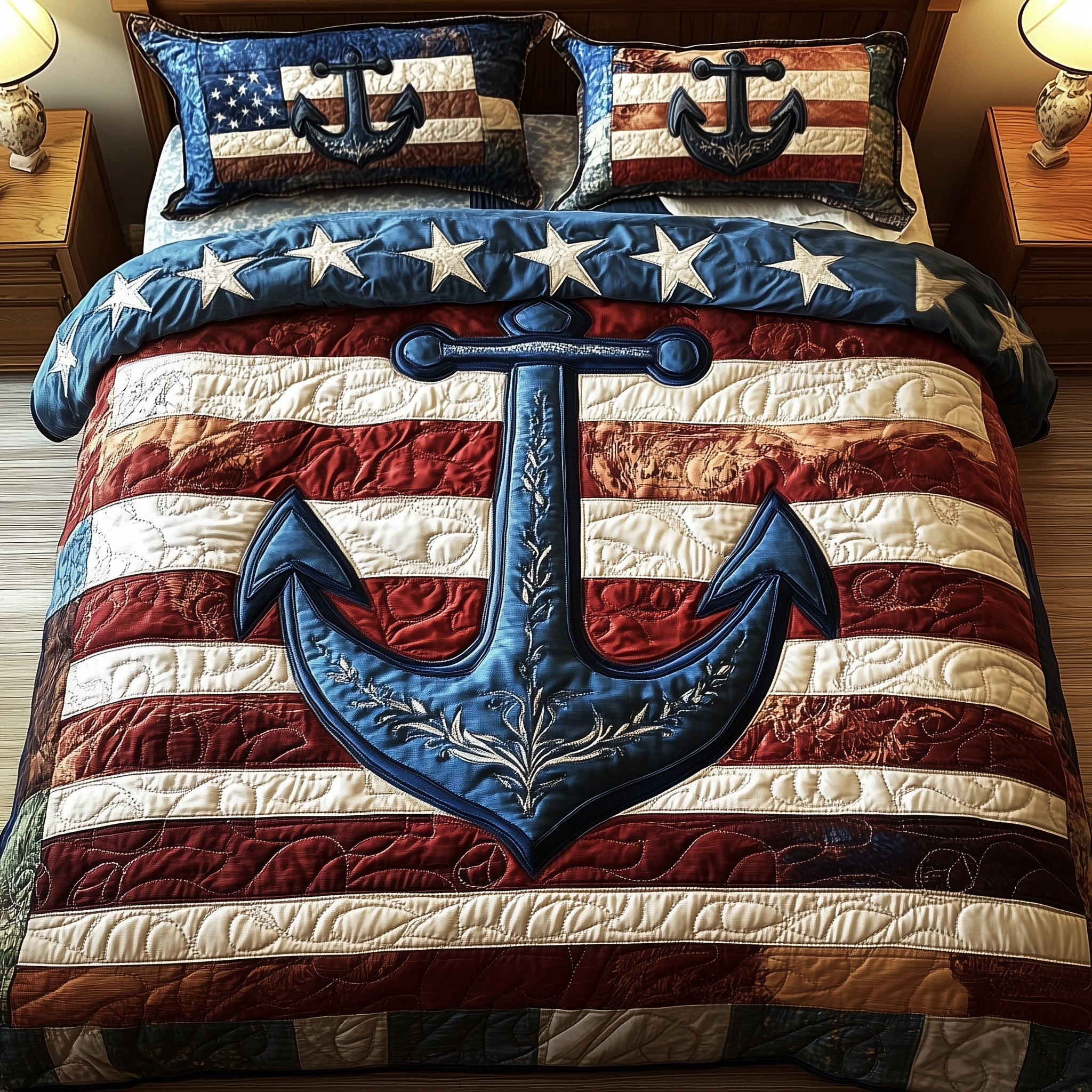 Nautical Anchor  Quilted Bedding Set 4Th Of July Gifts For Coworkers