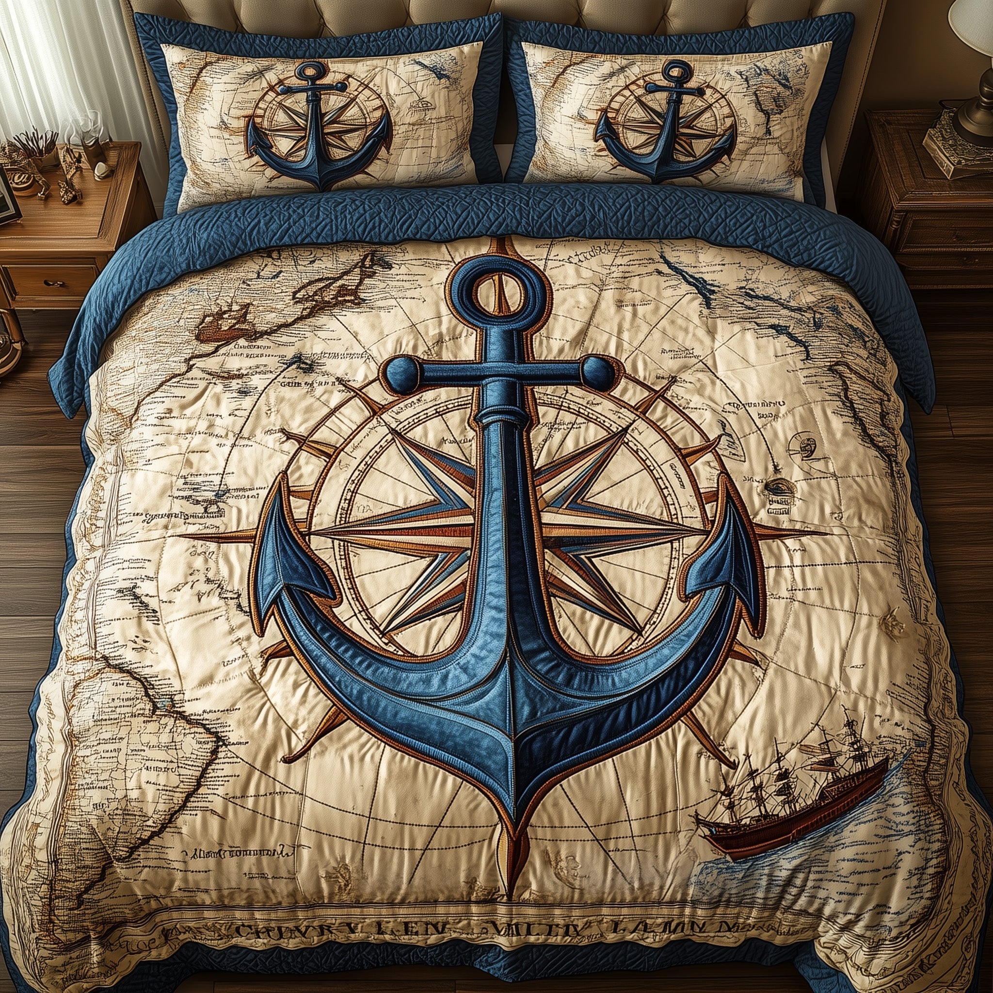 Nautical Anchor Quilted Bedding Set Holiday House Decorations Gift For Nautical Lovers - Tradiviet