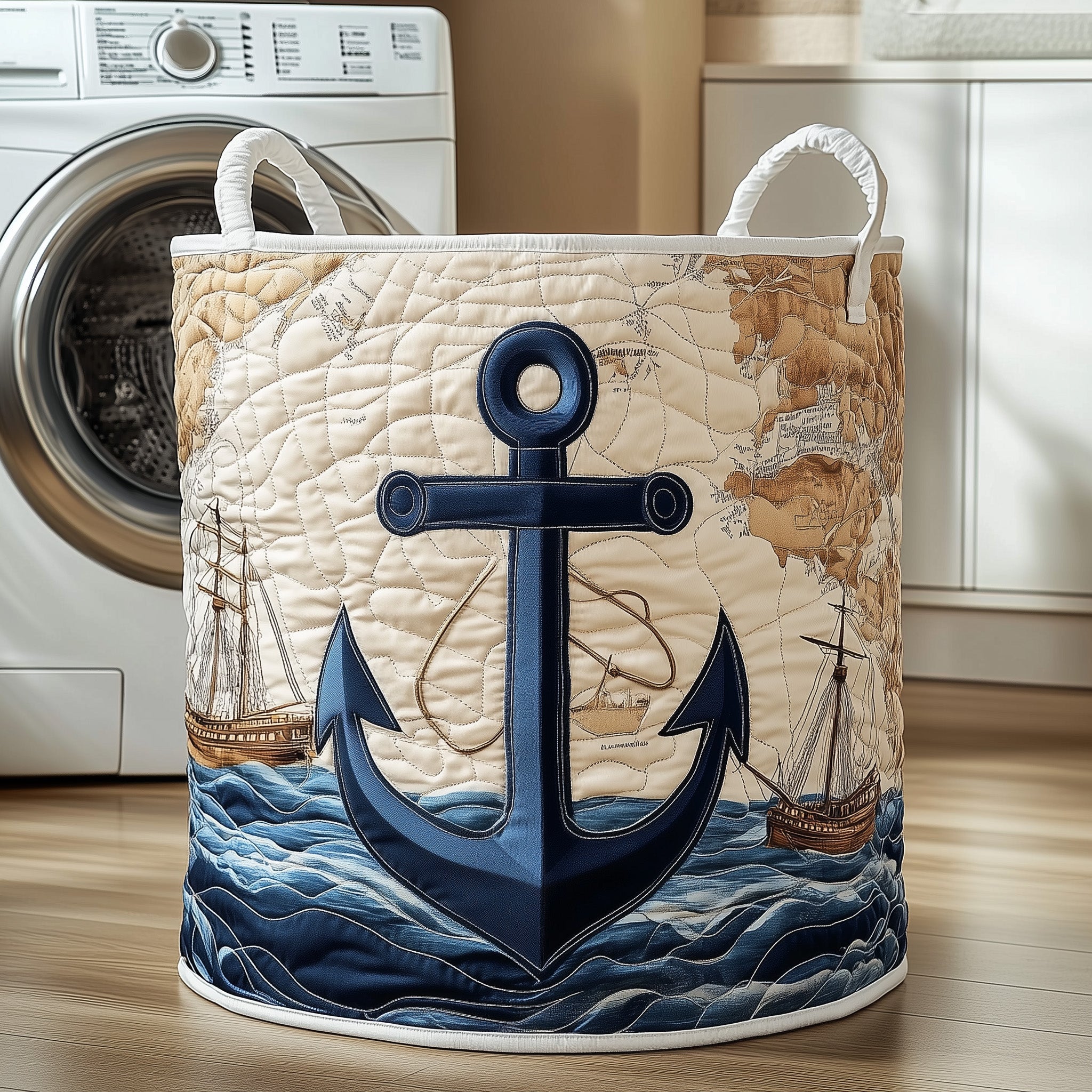 Nautical Anchor Quilted Laundry Basket Cute Room Decor Mother's Day Gift Ideas - Tradiviet