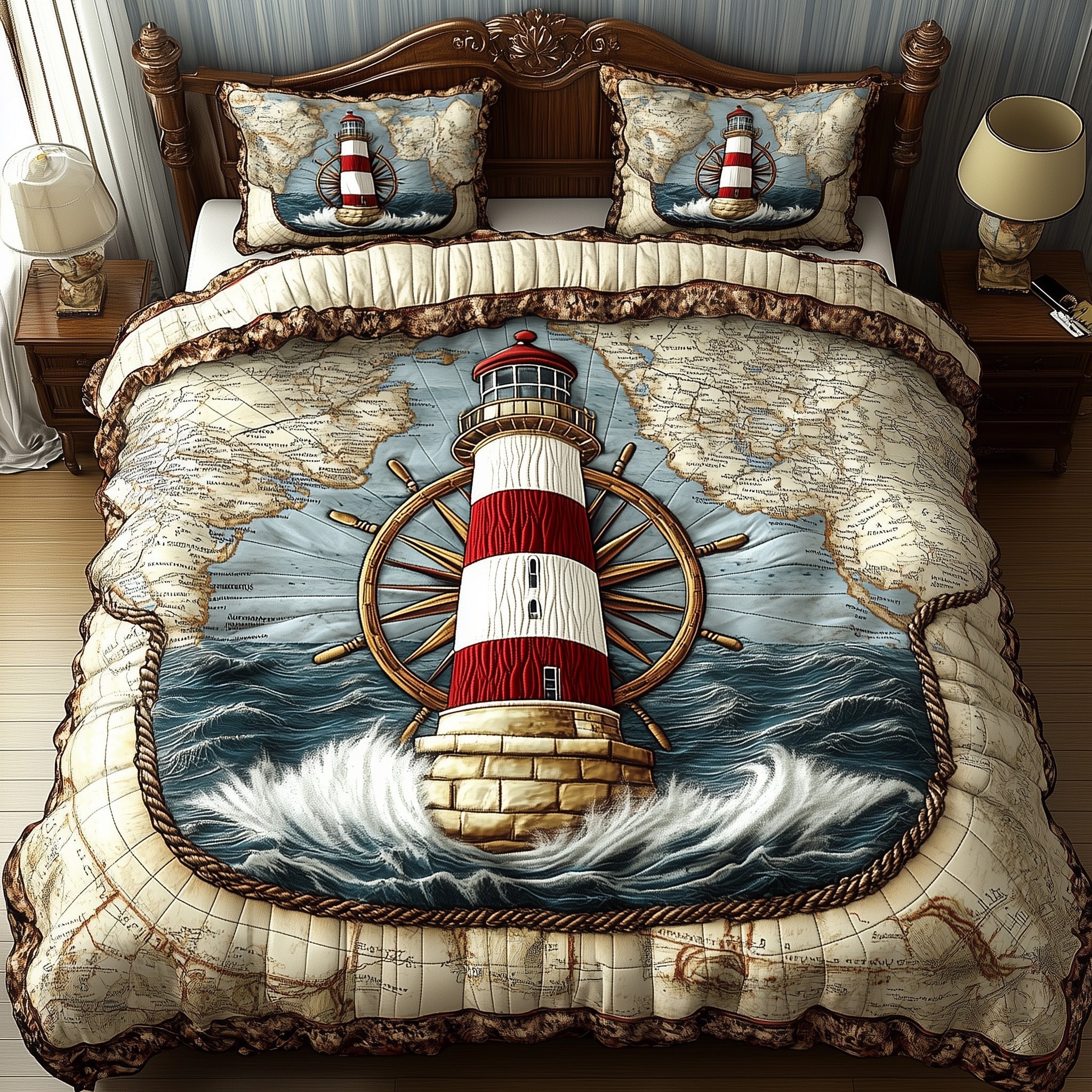 Nautical Lighthouse Quilted Bedding Set Mens Bedroom Decor Gift For Coastal Decor - Tradiviet