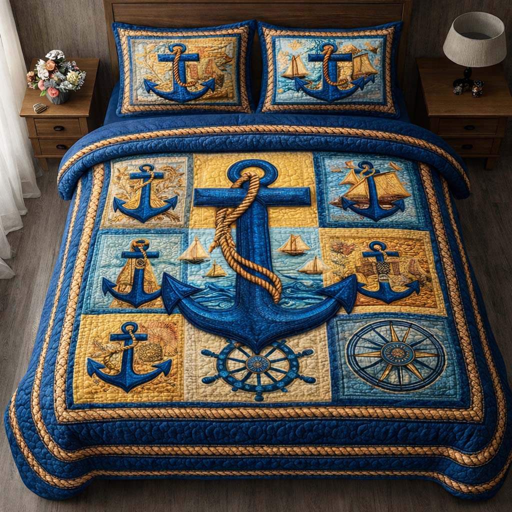 Nautical Patchwork Quilted Bedding Set Holiday Home Decor Gift For Friends And Family - Tradiviet