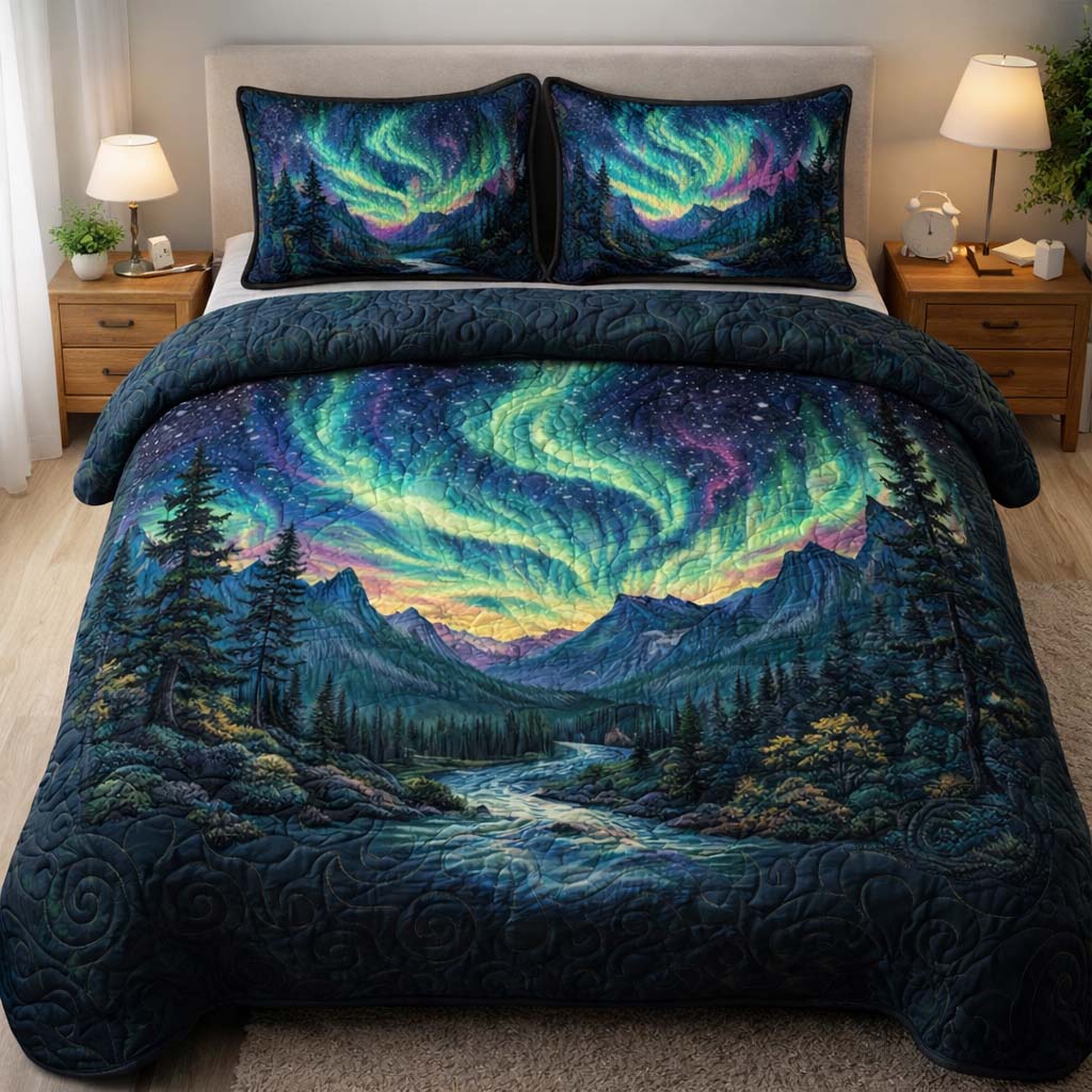 Northern Valley Glow Quilted Bedding Set Mens Bedroom Decor Gift For Nature Lovers - Tradiviet