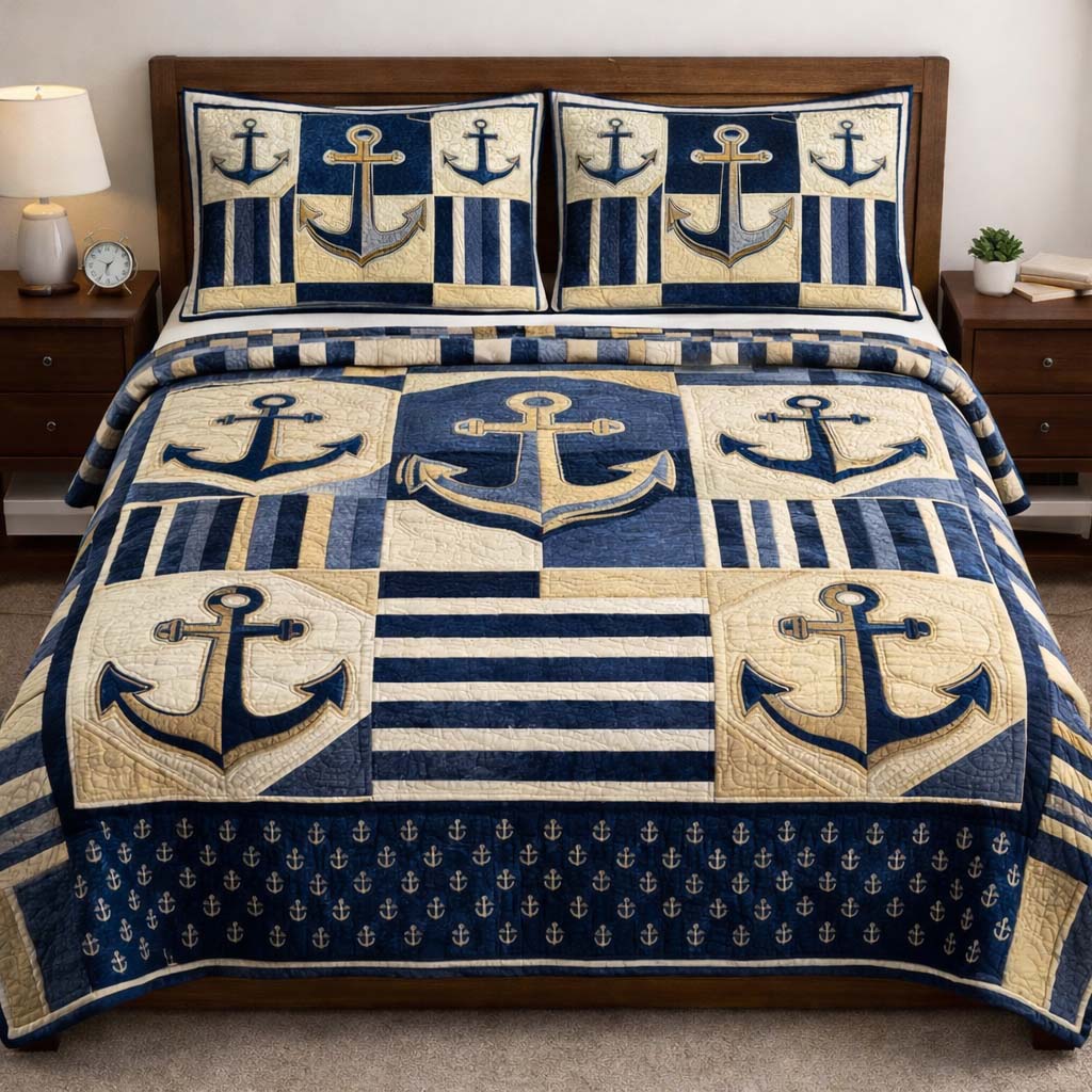 Ocean Anchor Quilted Bedding Set Bohemian Bedroom Furniture Ocean Anchor Gift For Brithday - Tradiviet