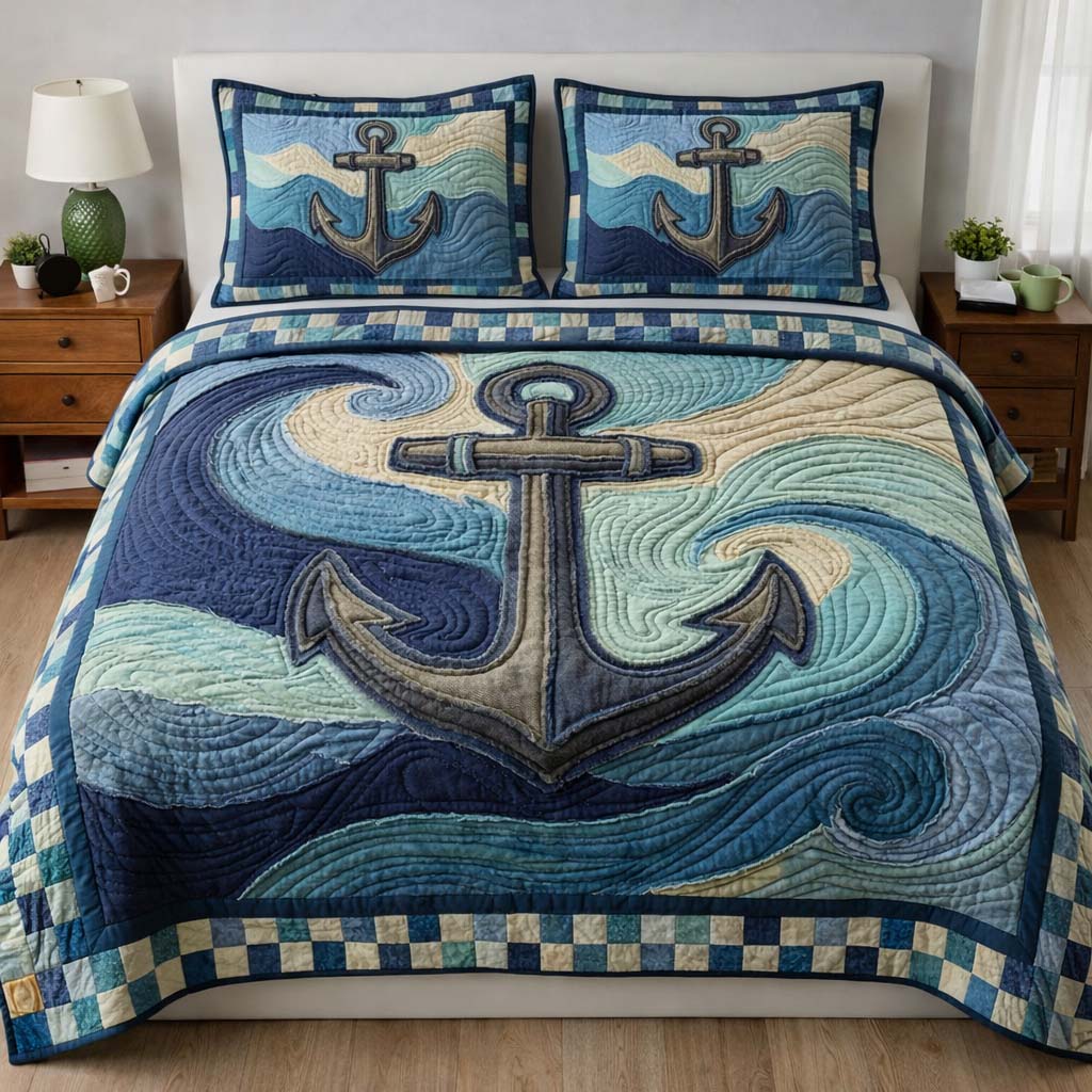 Ocean Anchor Quilted Bedding Set Holiday Bed Room Decor Ocean Anchor Gift For Father's Day - Tradiviet