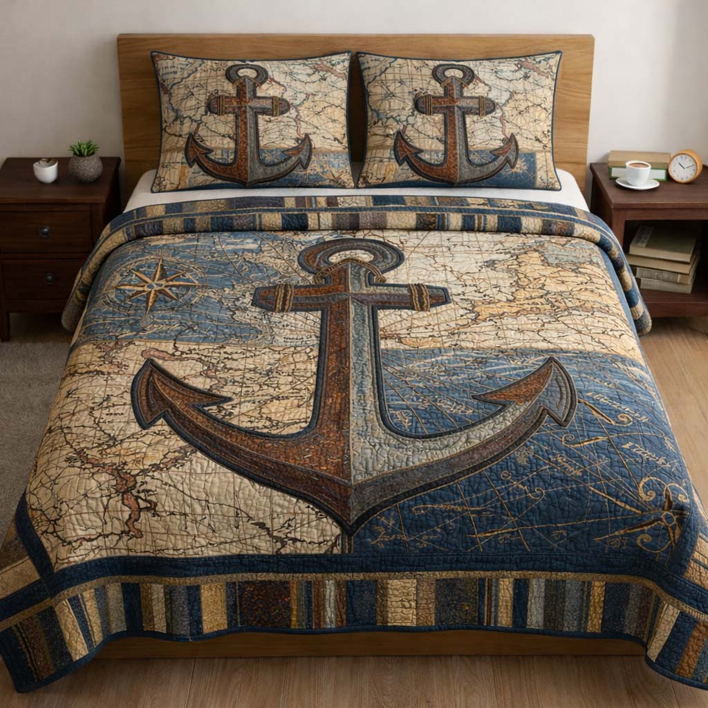 Ocean Anchor Quilted Bedding Set Holiday Bedroom Decor Ocean Anchor Gift For Boat Lovers - Tradiviet