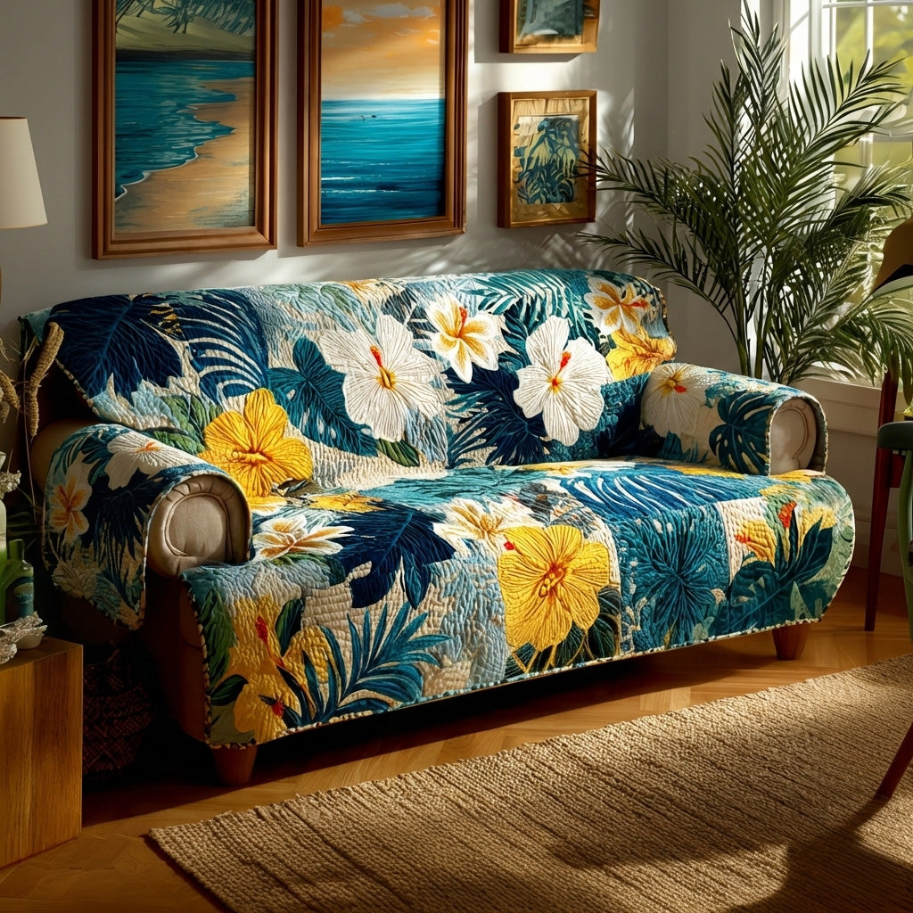 Ocean Garden Quilted Sofa Cover Coastal Floral Pattern Beach House Decor