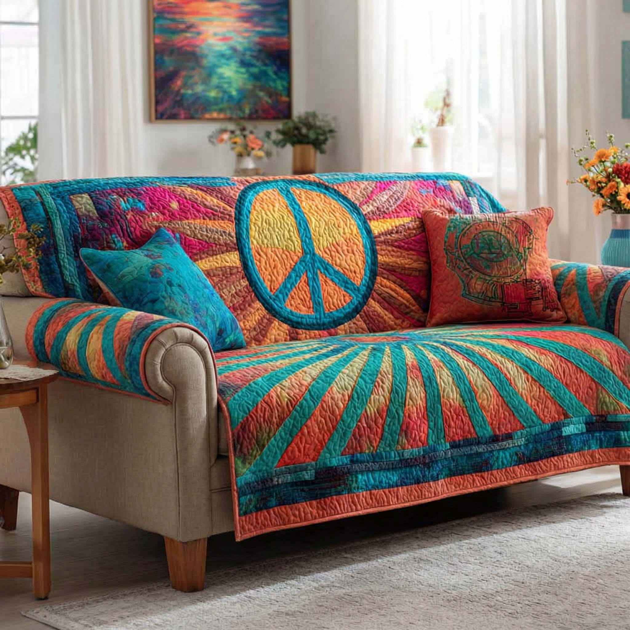 Ocean Peace Quilted Sofa Cover Ocean Wave Peace Pattern Home Decor